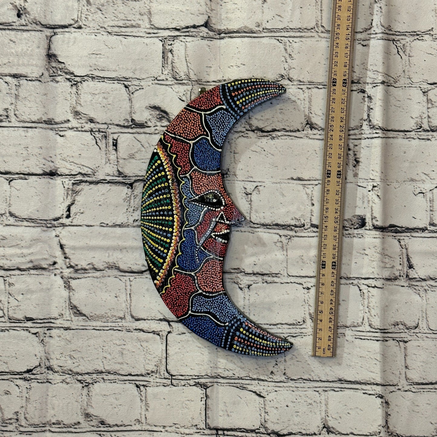 30cm Crescent Moon Carved Wooden Dot Painted Ethnic Tribal Tiki Wall Art No 24