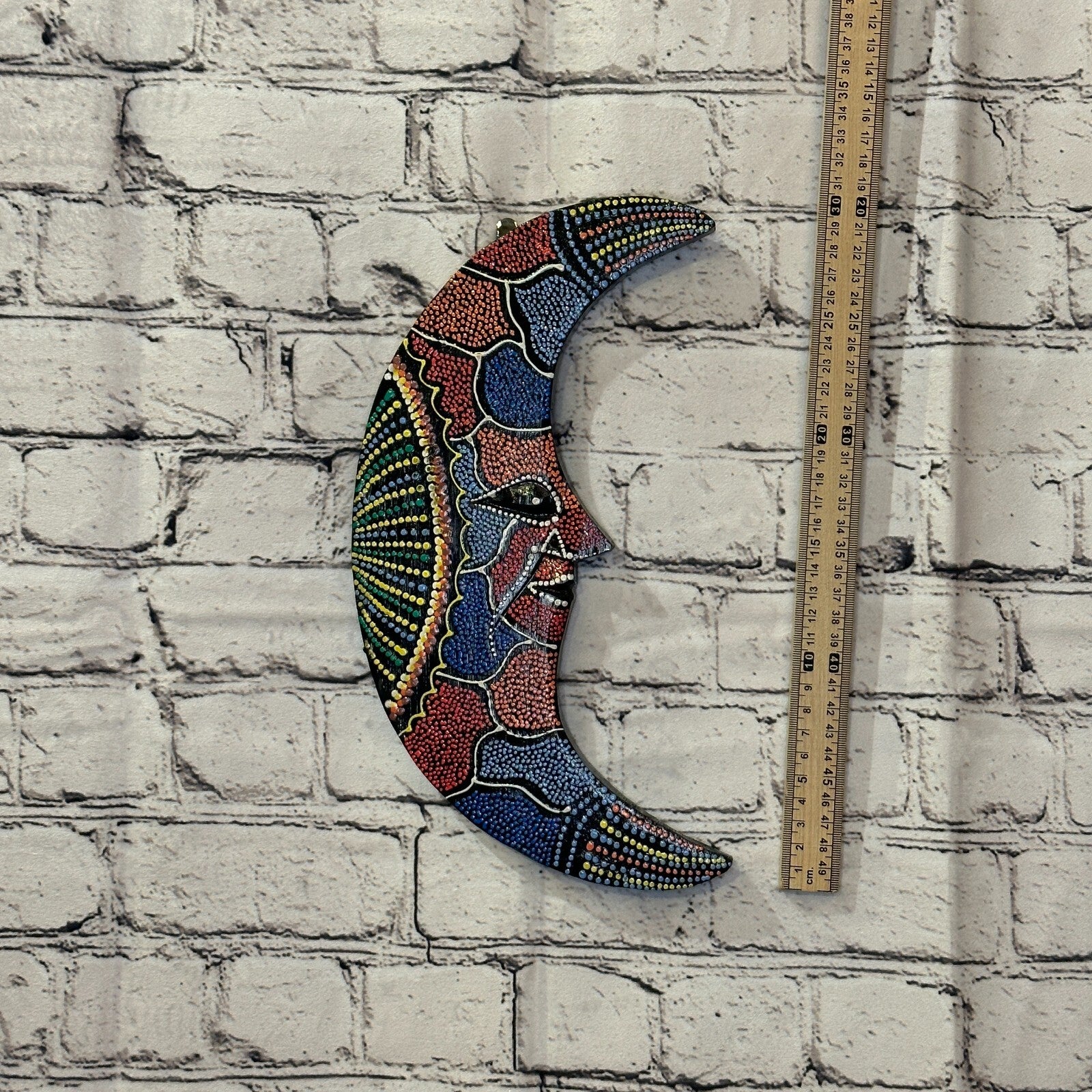 30cm Crescent Moon Carved Wooden Dot Painted Ethnic Tribal Tiki Wall Art No 24