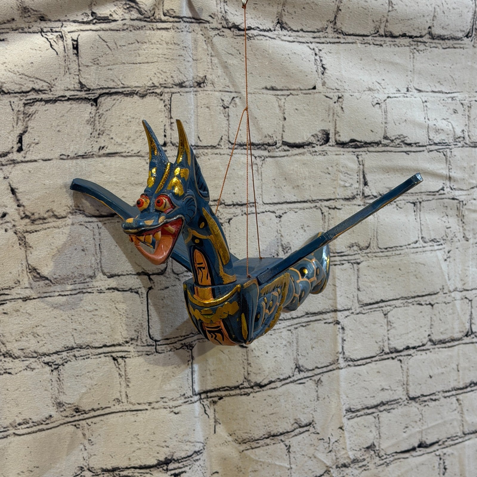 40cm Blue Dragon Folk Art Carved Wood Flying Winged Mobile Spirit Guardian1
