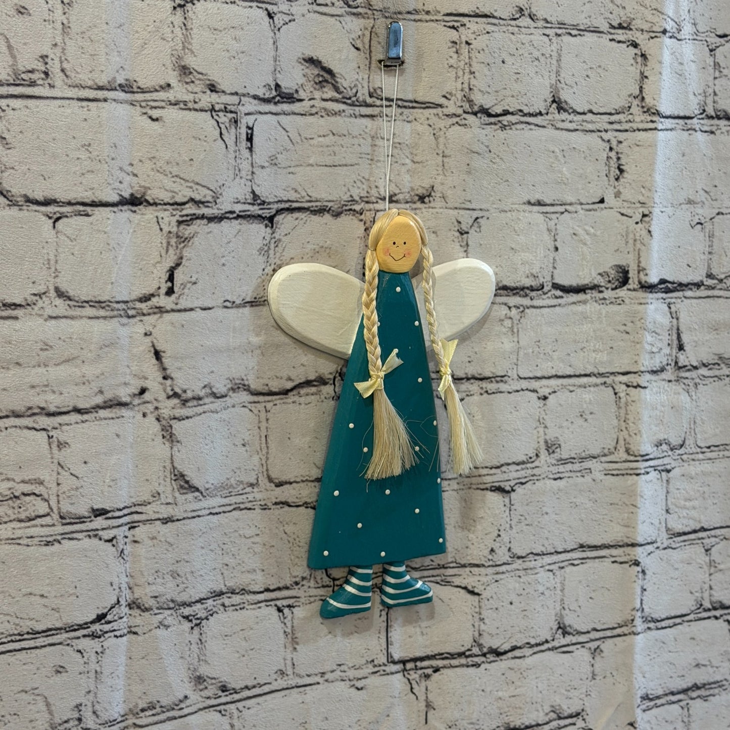 25cm Teal Wall Hanging Angel Figurine Folk Art Wood Fabric Baltic Handmade2