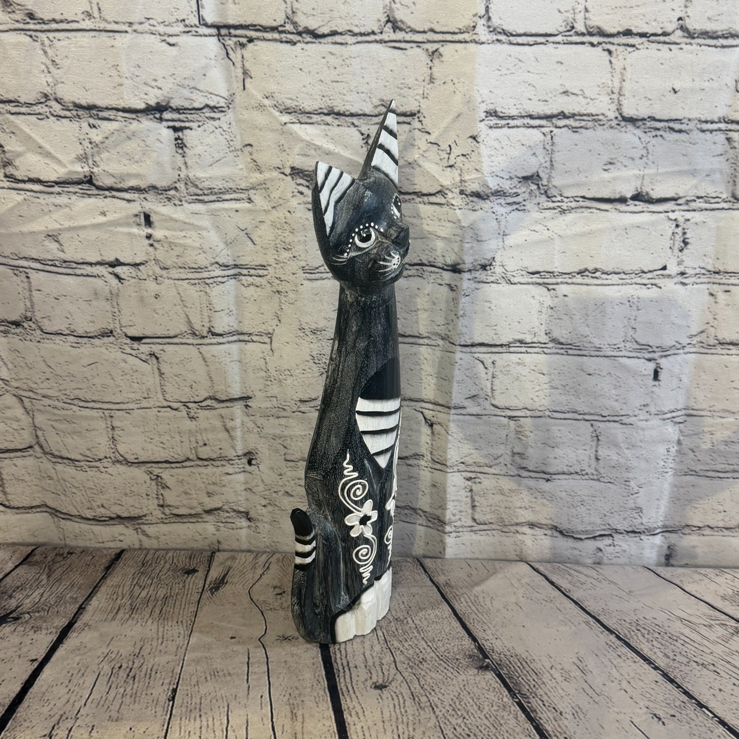 40cm Grey Flower Wooden Shabby Cat Statue Ornament Fair Trade Handcarved2