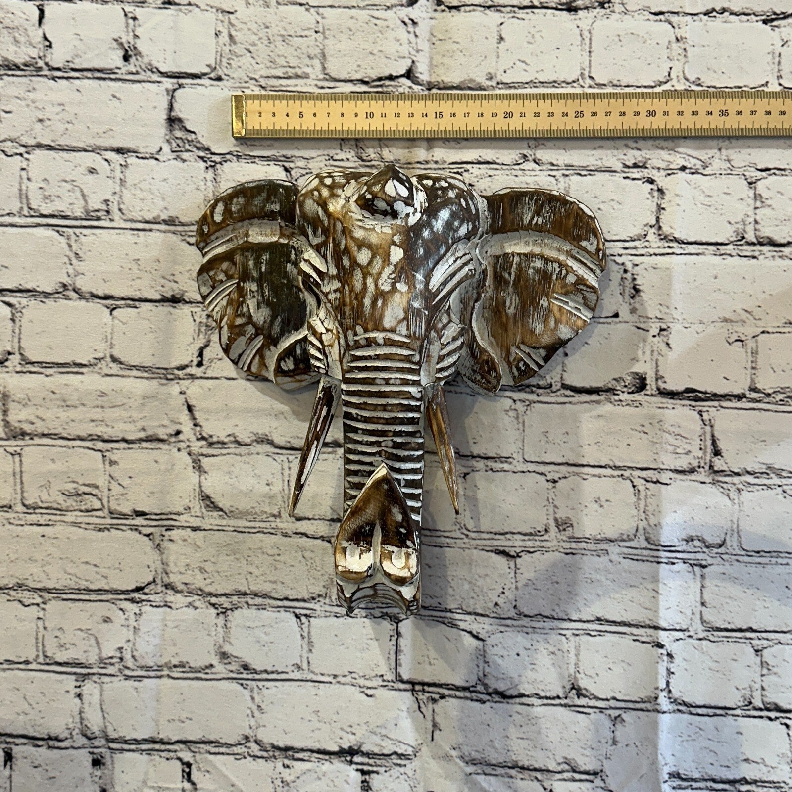 30cm x 30cm Brown Carved Wood Elephant Head Wall Mounted Art Large Shabby4