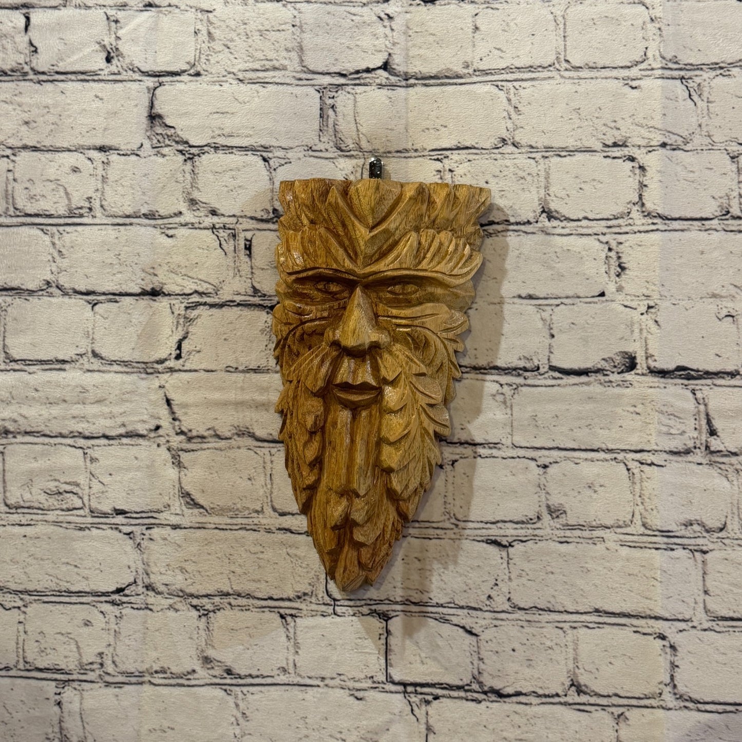 Green Man Of The Woods 30cm x 15cm Flat Carved Wizard Tree Trunk Wood Fairtrade2