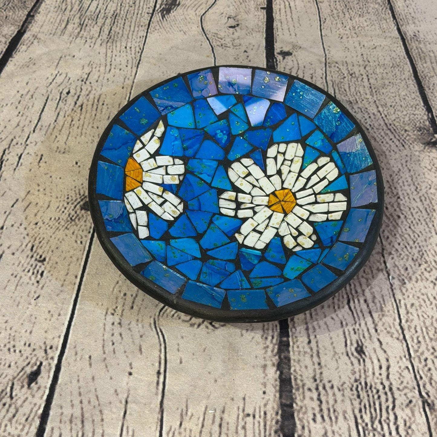 20cm Blue Daisy Flower Round Mosaic Handmade Ceramic Glass Tile Bowl Fruit0