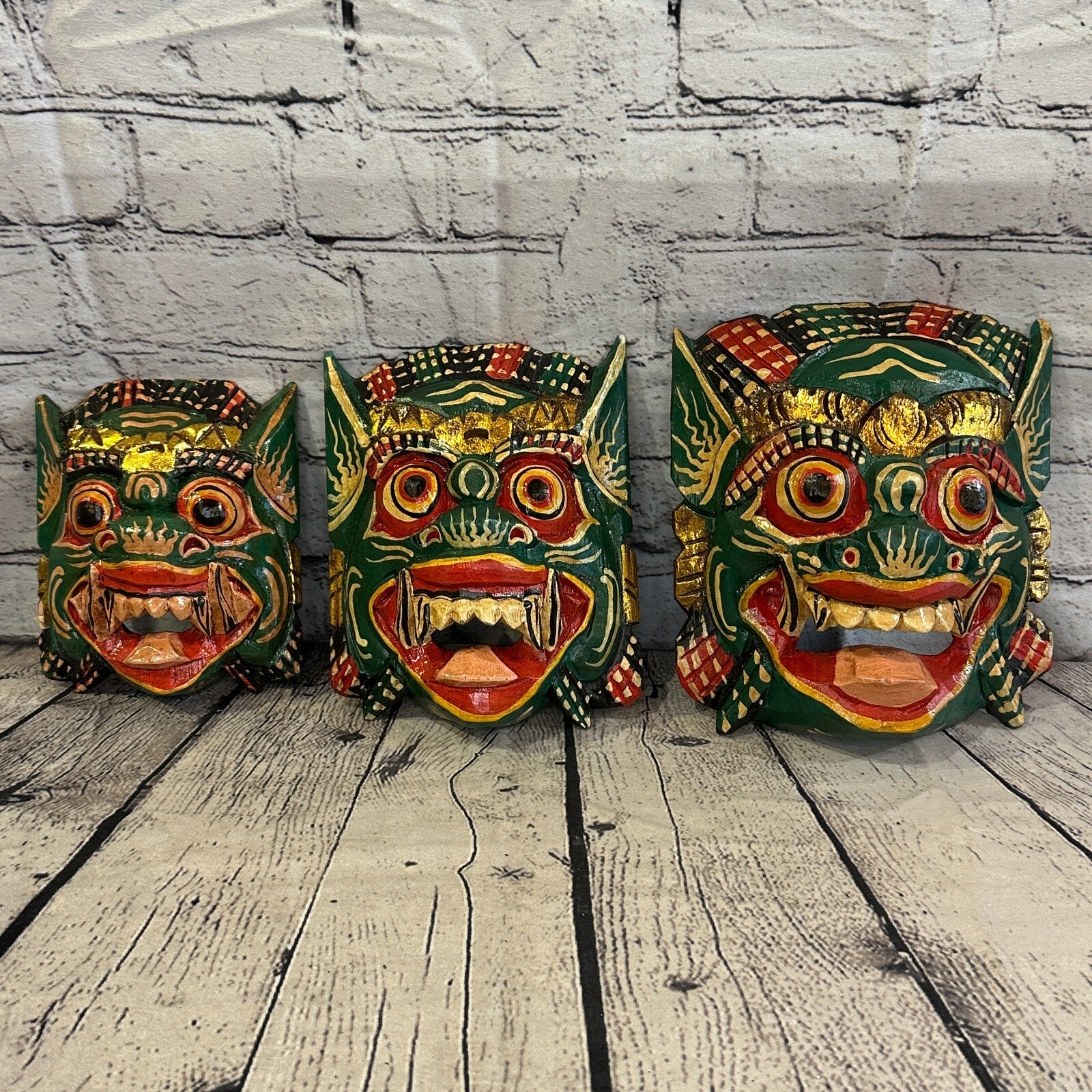 Large Wooden Green Barong Wall Mask 20cm x 20cm Handmade And Fairtrade Hindu7