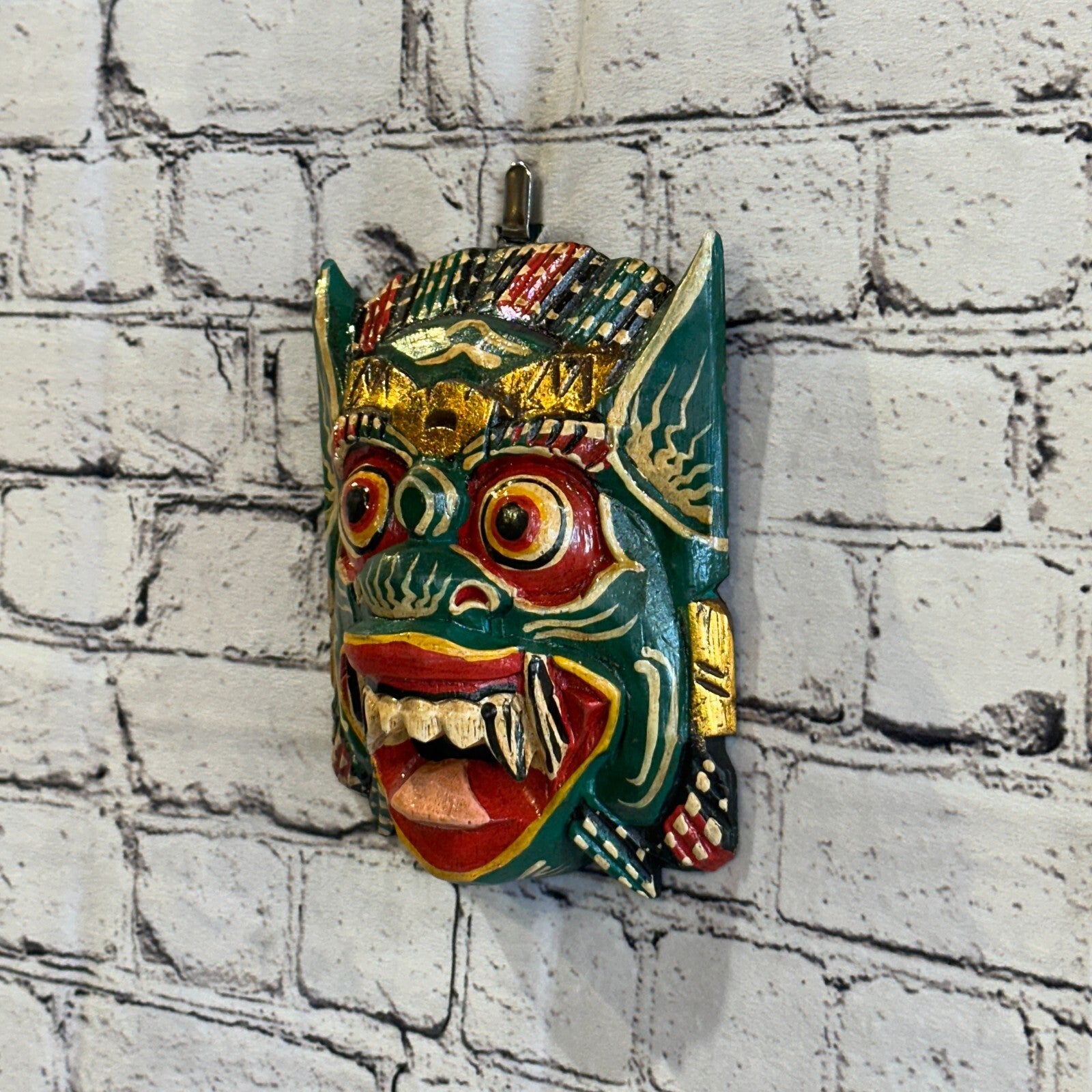 Large Wooden Green Barong Wall Mask 18cm x 18cm Handmade And Fairtrade Hindu1