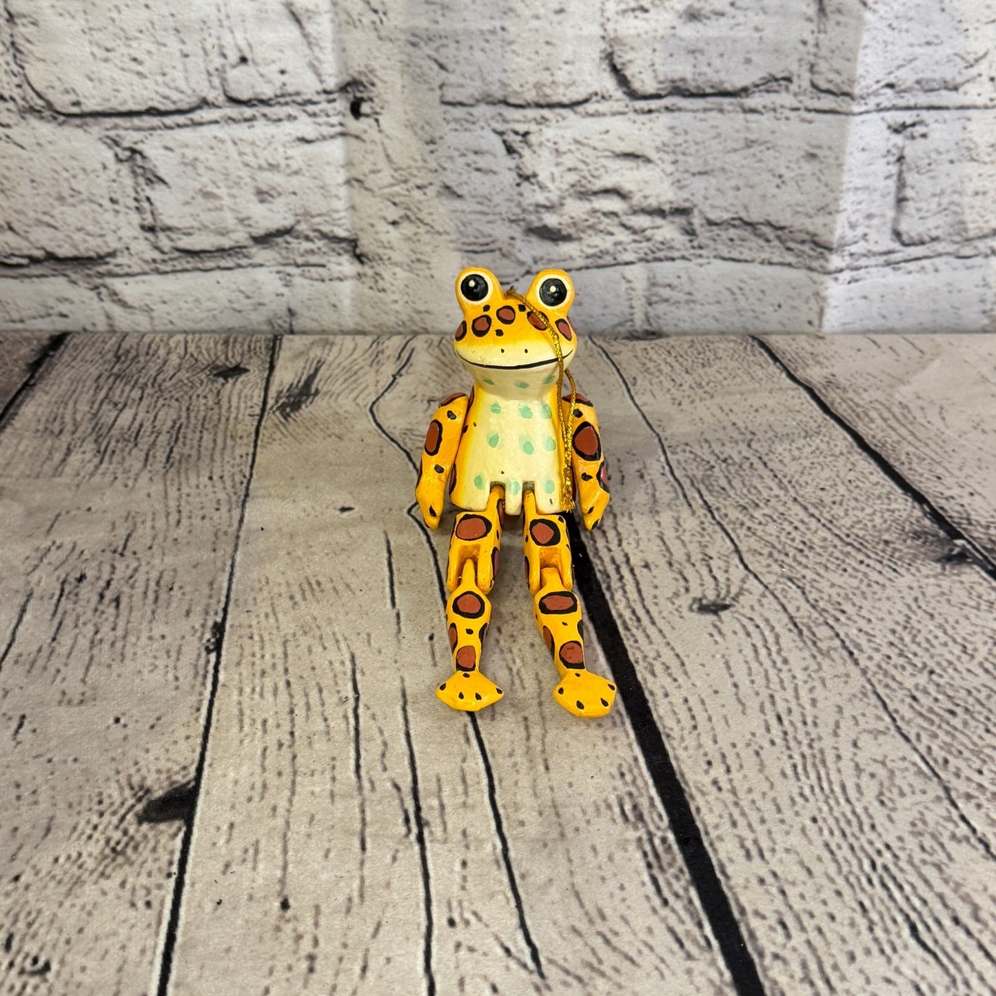 10cm Yellow Frog Sitting Animal, Wooden Shelf Ornament Handmade Fairtrade1