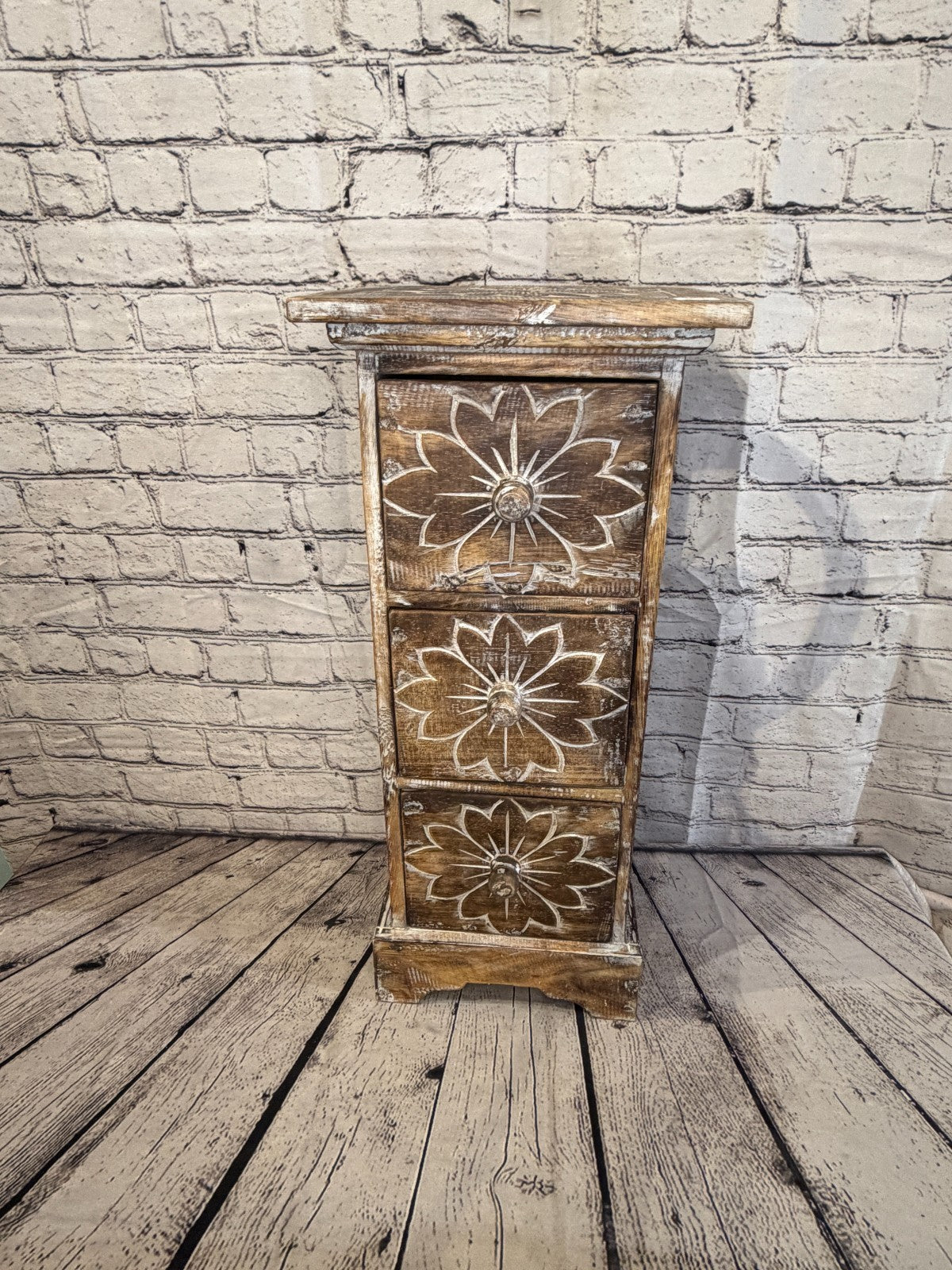 60cm x 25cm Brown 3 Draw Pillar Wooden Side Cabinet Living Storage Furniture1