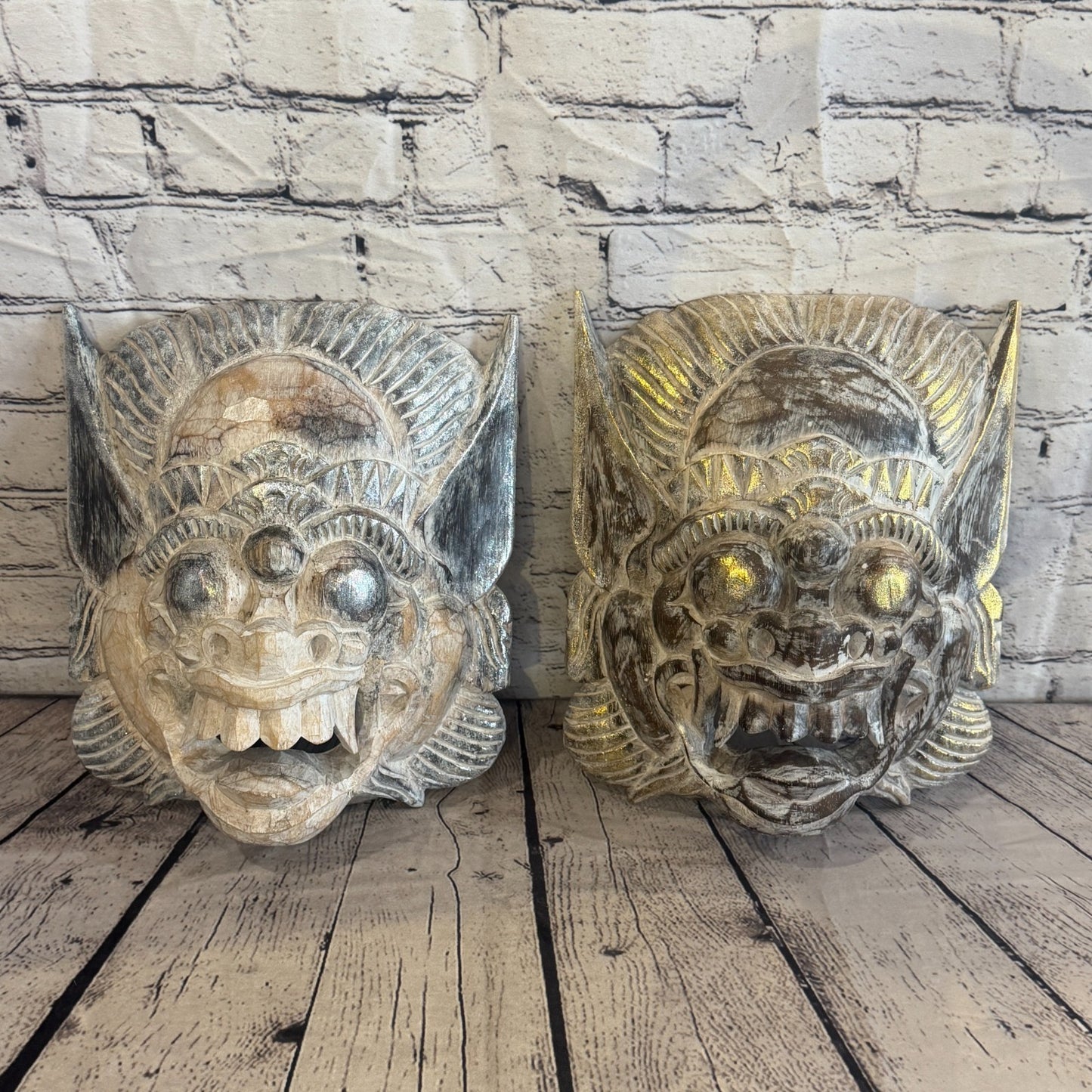 White With Silver Barong Wall Mask 30cm x 25cm Handmade And Fairtrade Hindu6