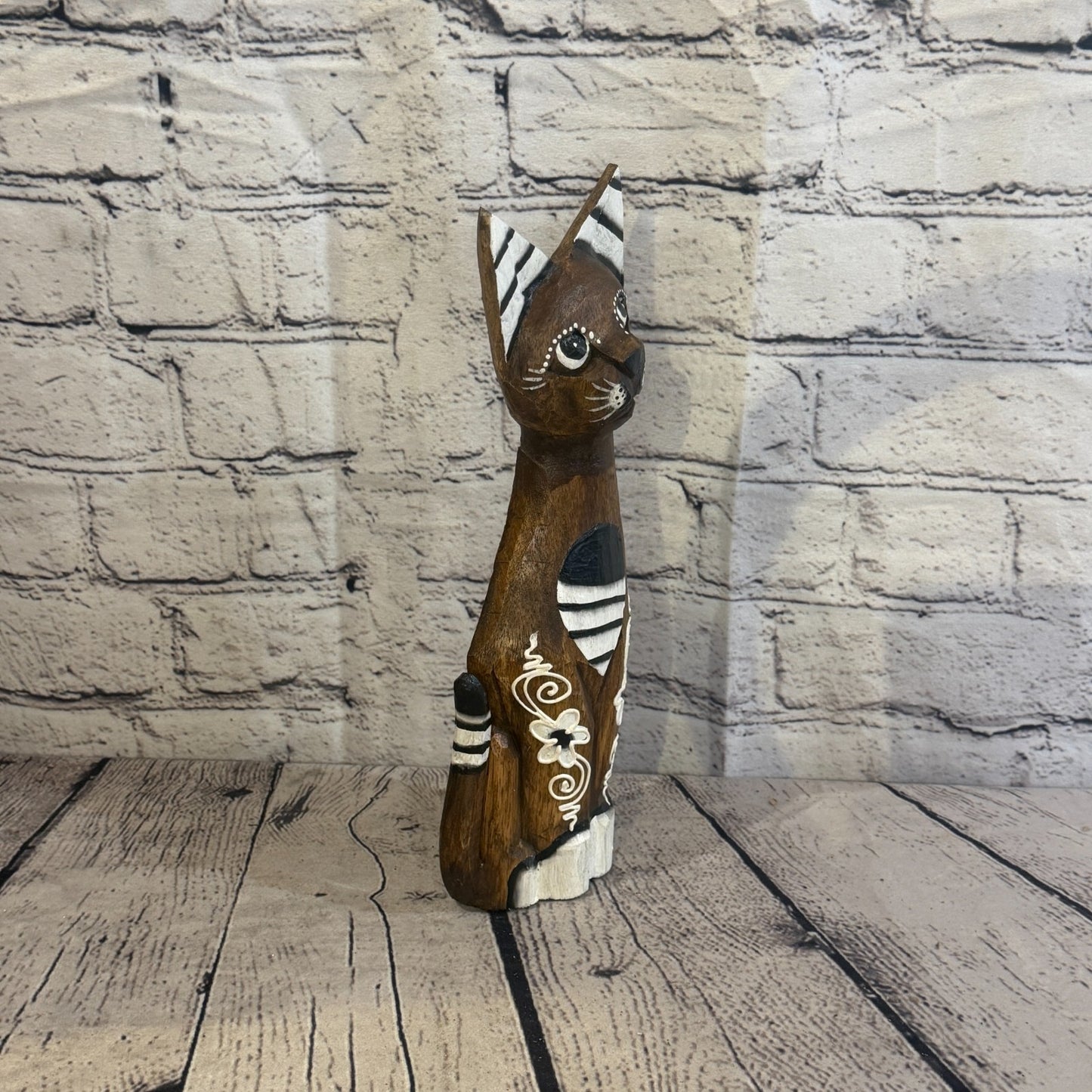30cm Brown Flower Wooden Shabby Cat Statue Ornament Fair Trade Handcarved2