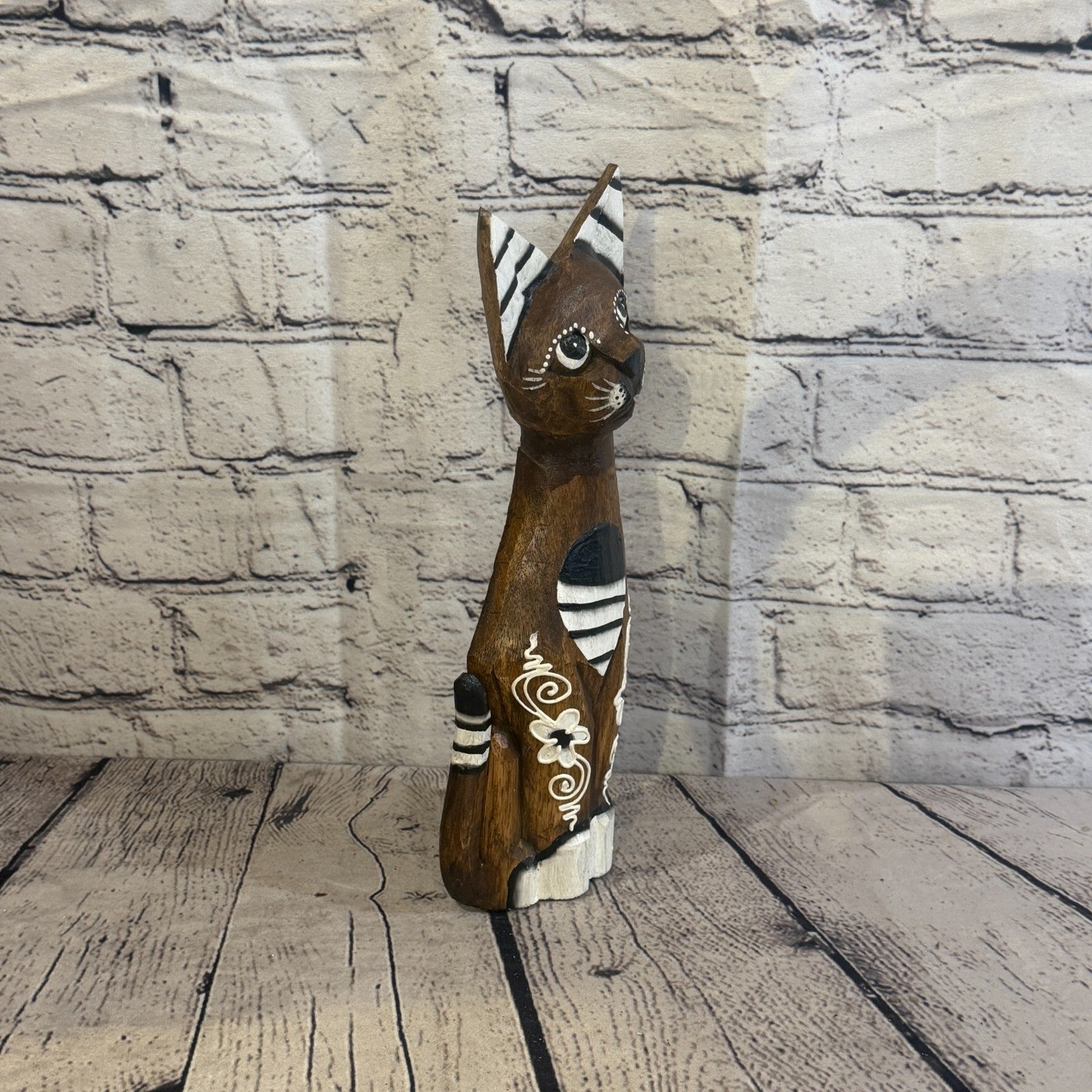 30cm Brown Flower Wooden Shabby Cat Statue Ornament Fair Trade Handcarved2