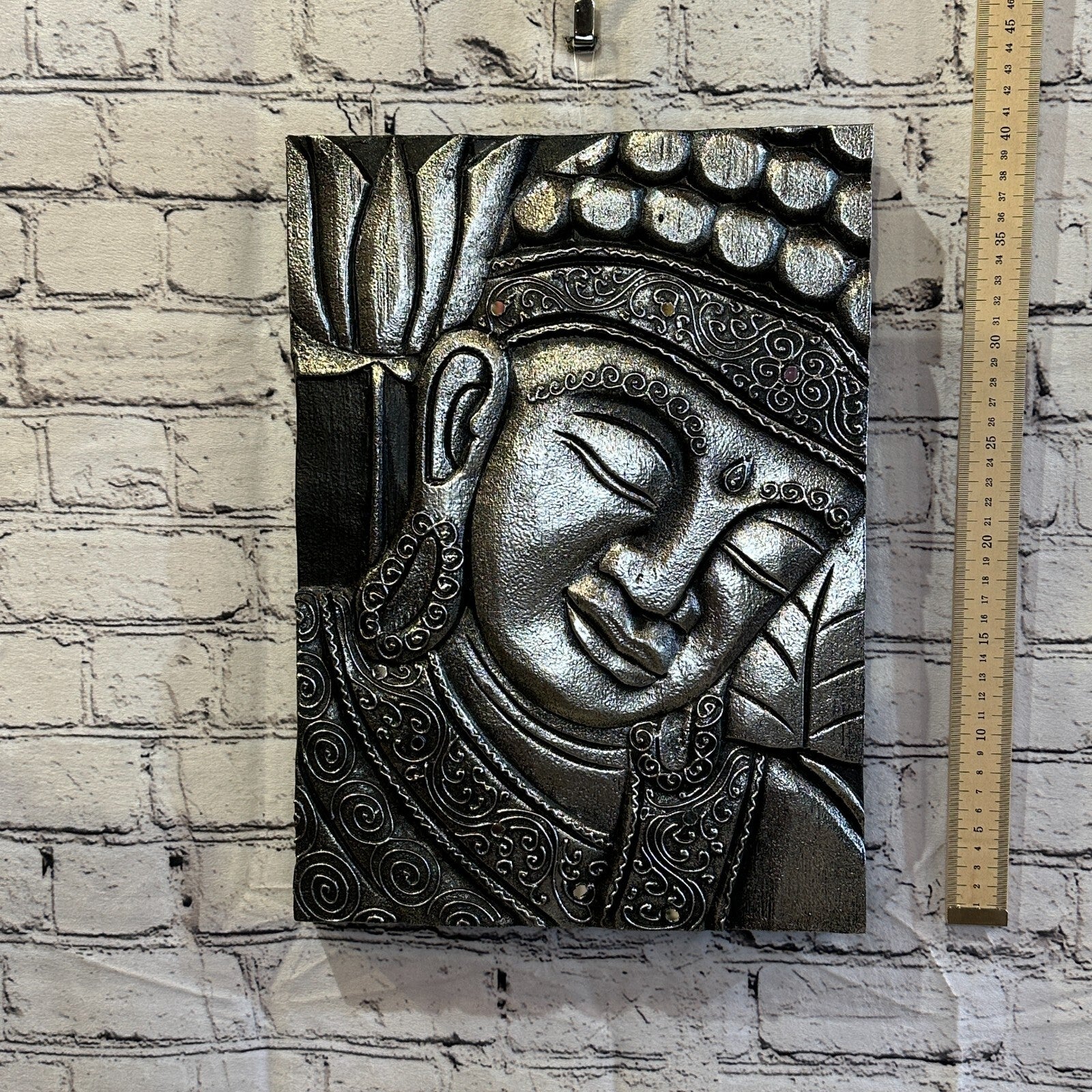 Wooden Wood Panel 40cm Brown Silver Buddha Tall Lotus Wall Art Plaque Handcarved4