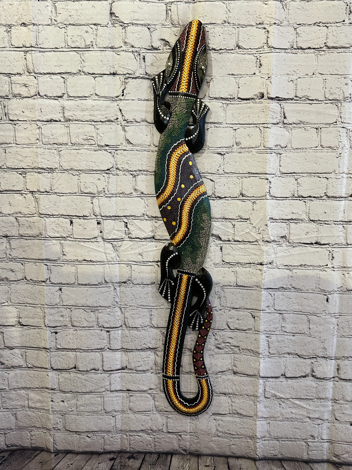 100cm Gecko Carved Wooden Dot Painted Ethnic Tribal Tiki Wall Handmade No 12