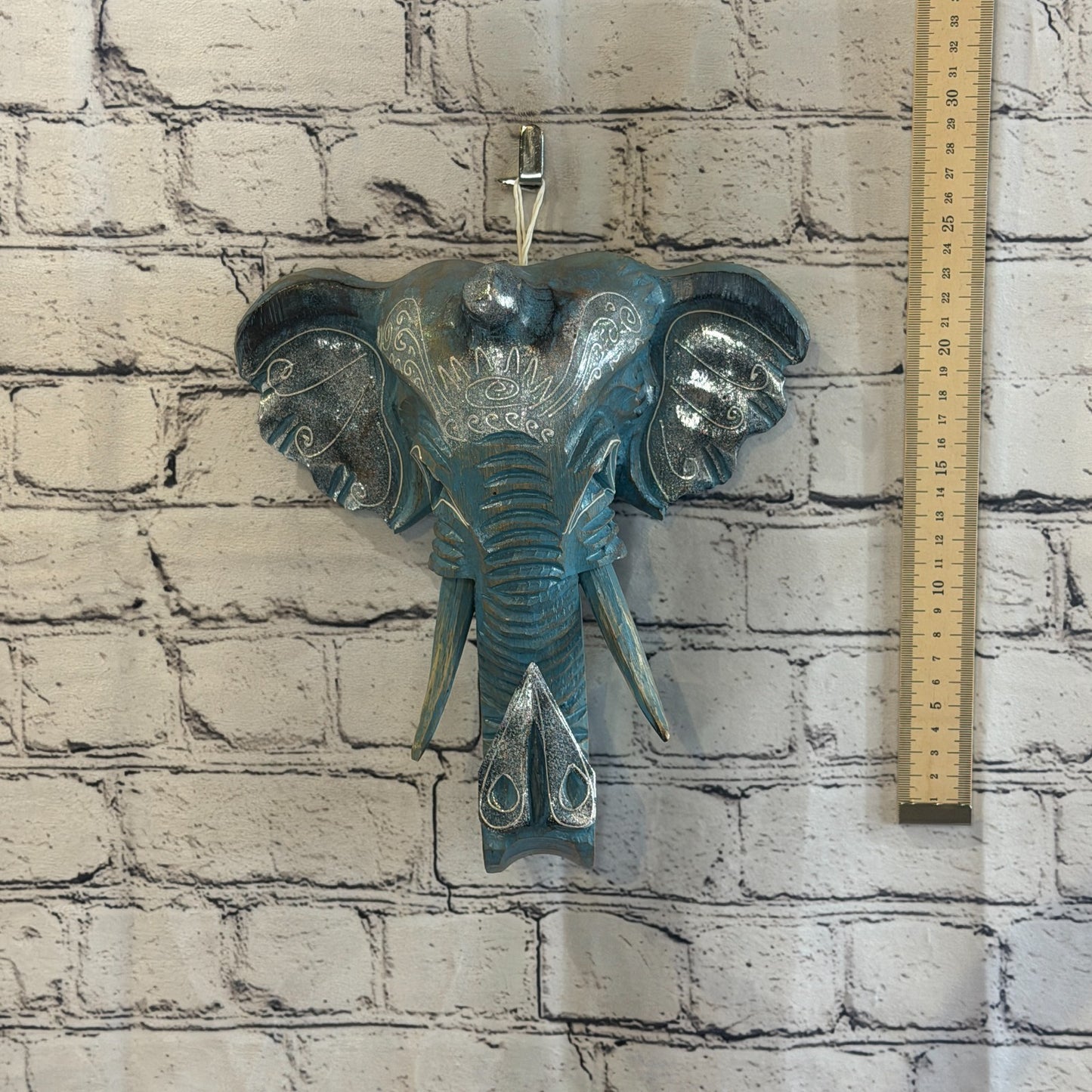 25cm x 25cm Silver Blue Painted Wood Elephant Head Wall Mounted Art Shabby4