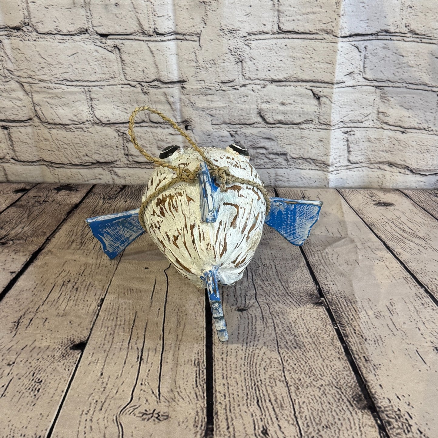 White Blue Fins Folk Art Painted Shark Fish Coconut Shell Ornaments Hanging4