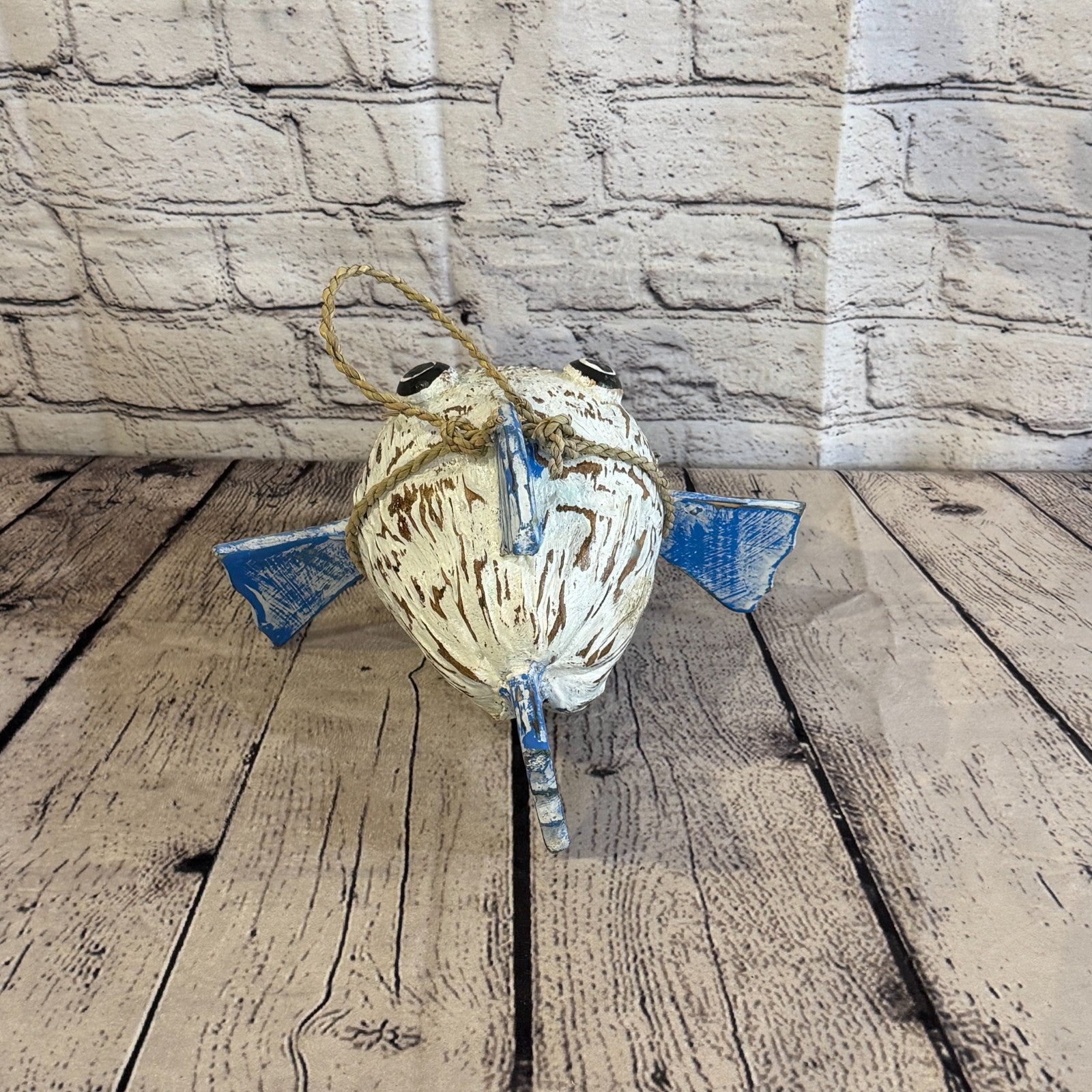 White Blue Fins Folk Art Painted Shark Fish Coconut Shell Ornaments Hanging4