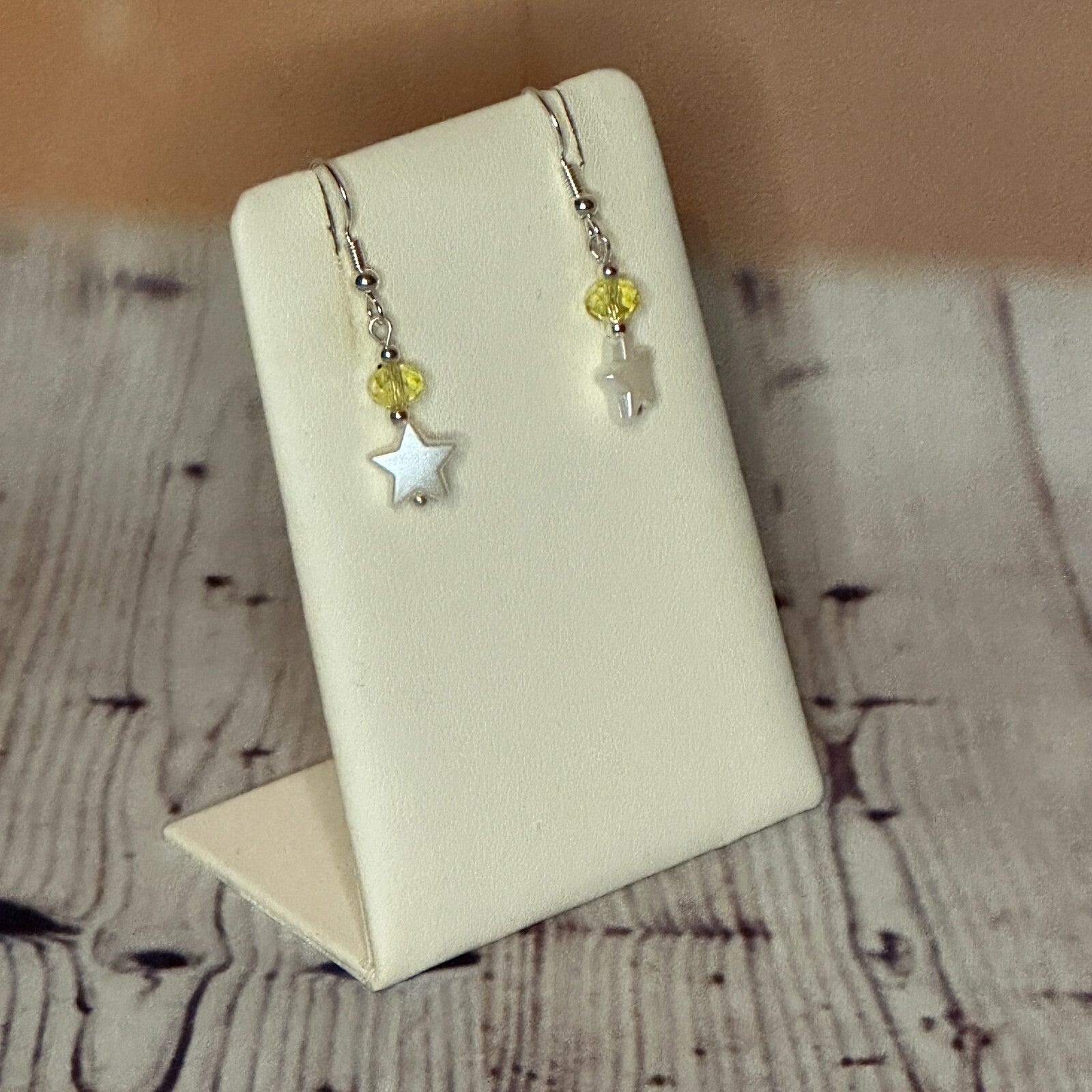 Yellow Crystal And White Star Shaped Dangle Drop Earrings Handmade UK Jewellery2