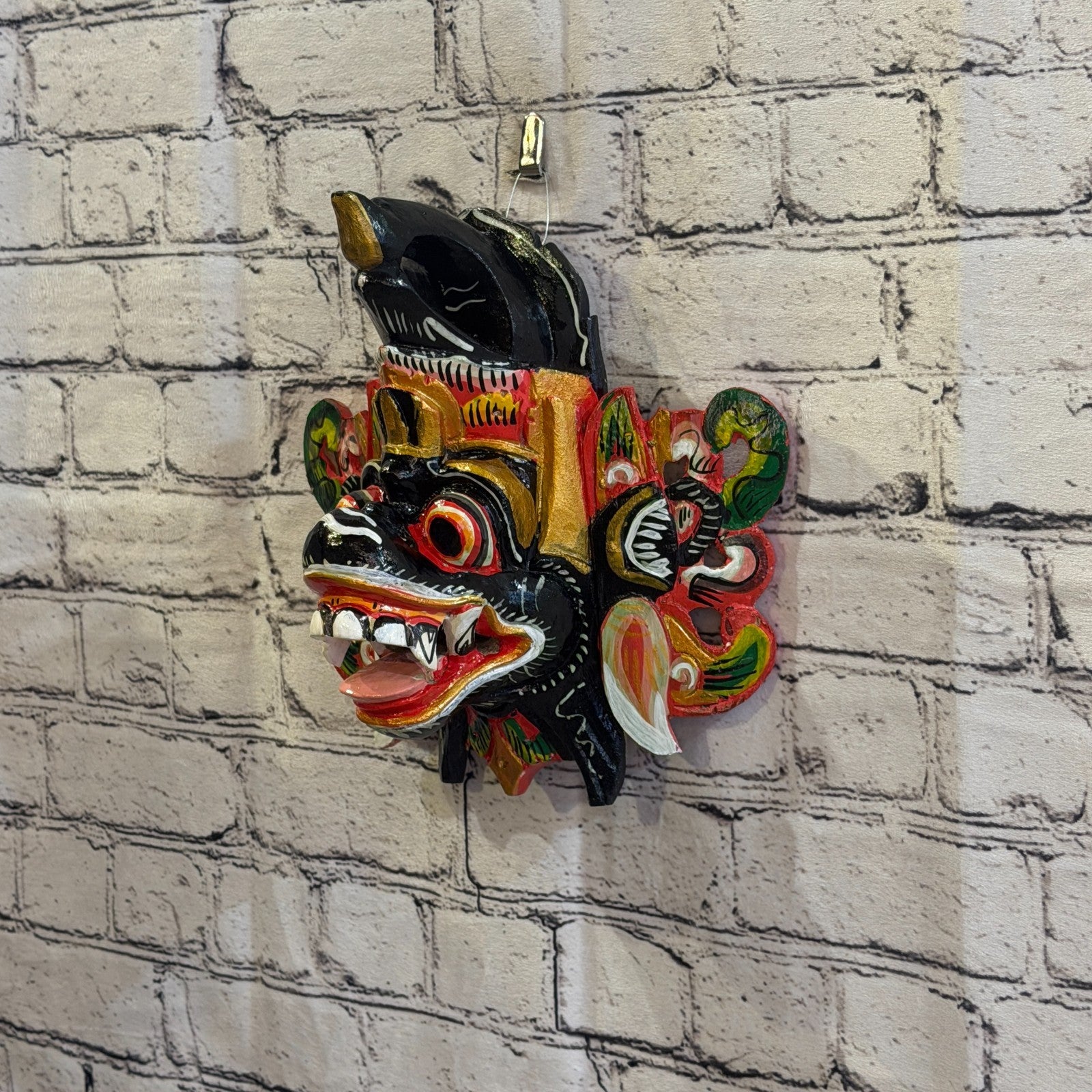 25cm Barong Crown Black Demon Dragon Hindu Deity Wooden Hand Carved Mask Painted1