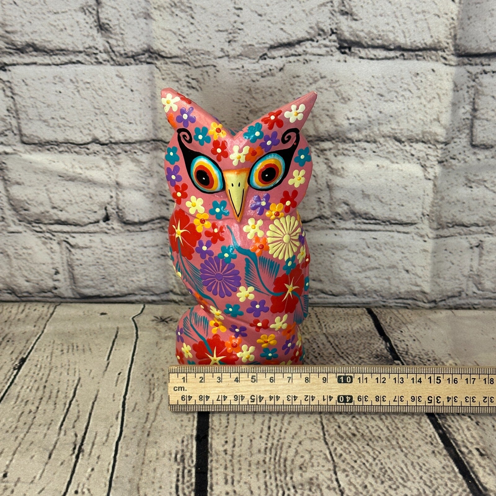 Pink Medium Wooden Owl With Flower Pattern 15cm x 8cm Handmade and Fairtrade6