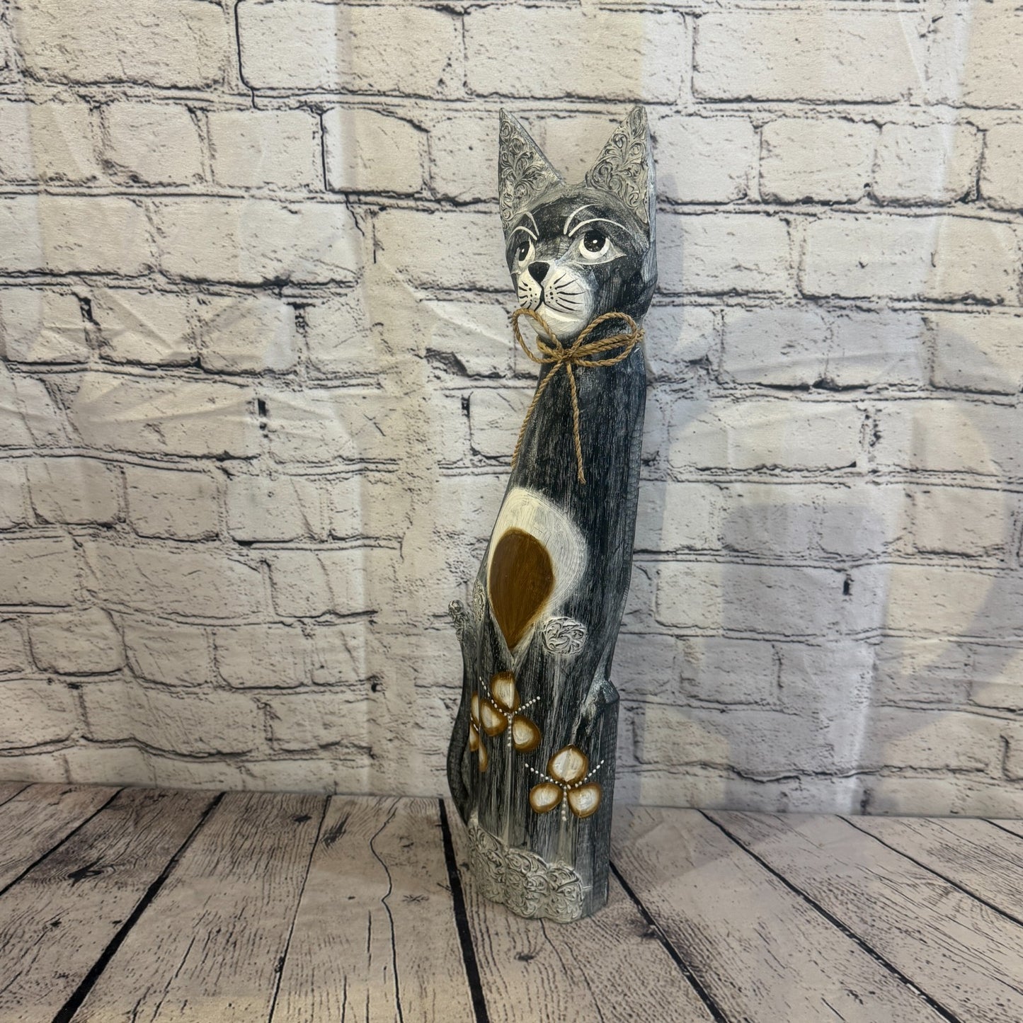 50cm Grey Silver Dots Wooden Shabby Cat Statue Ornament Fair Trade Handcarved1
