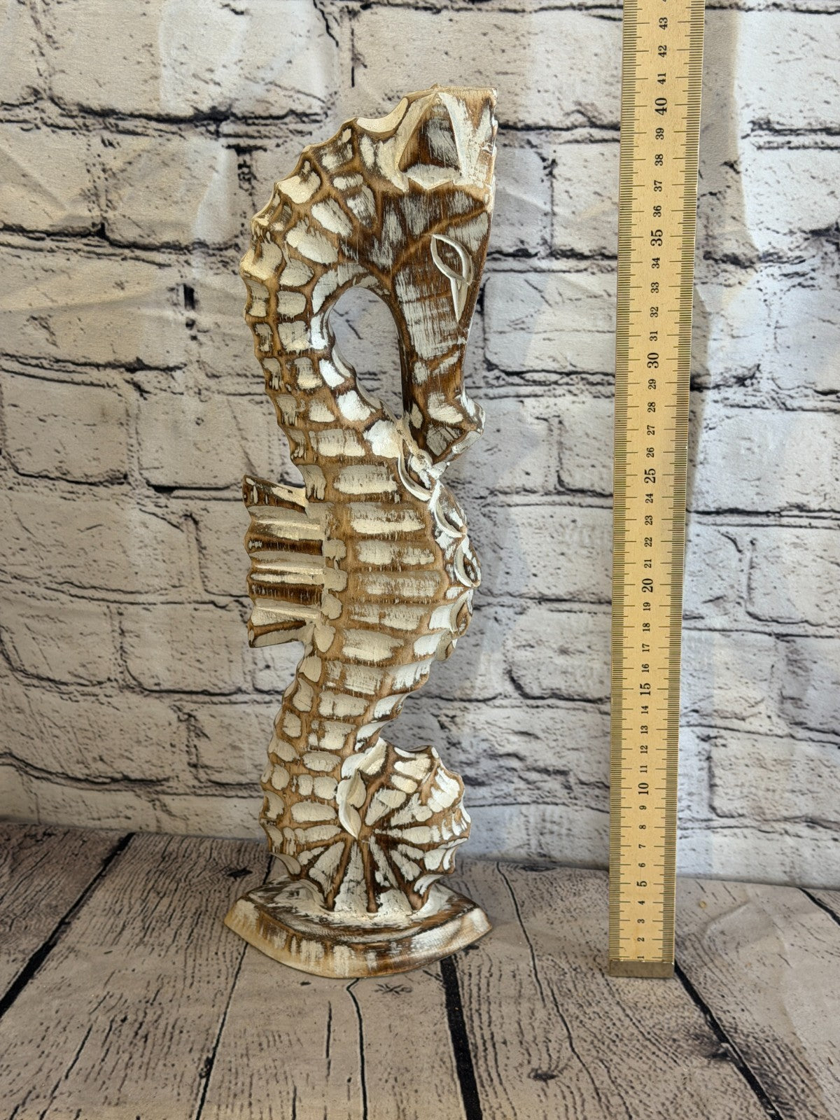 40cm Brown Wooden Shabby Seahorse Statue Ornament Fair Trade Handcarved5