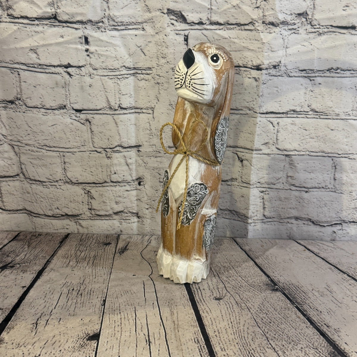 30cm Light Brown Wooden Shabby Dog Statue Ornament Fair Trade Handcarved0