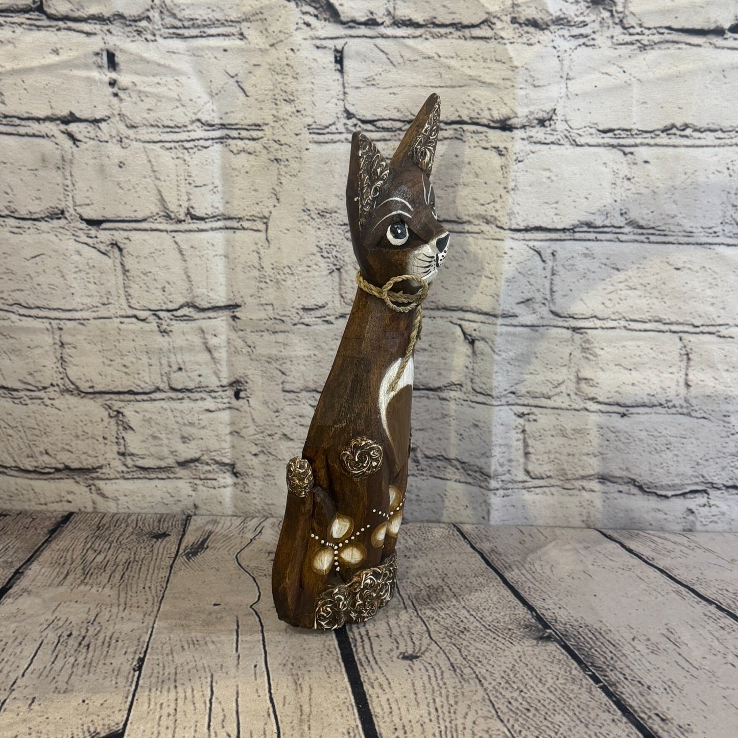 30cm Brown Silver Dots Wooden Shabby Cat Statue Ornament Fair Trade Handcarved2