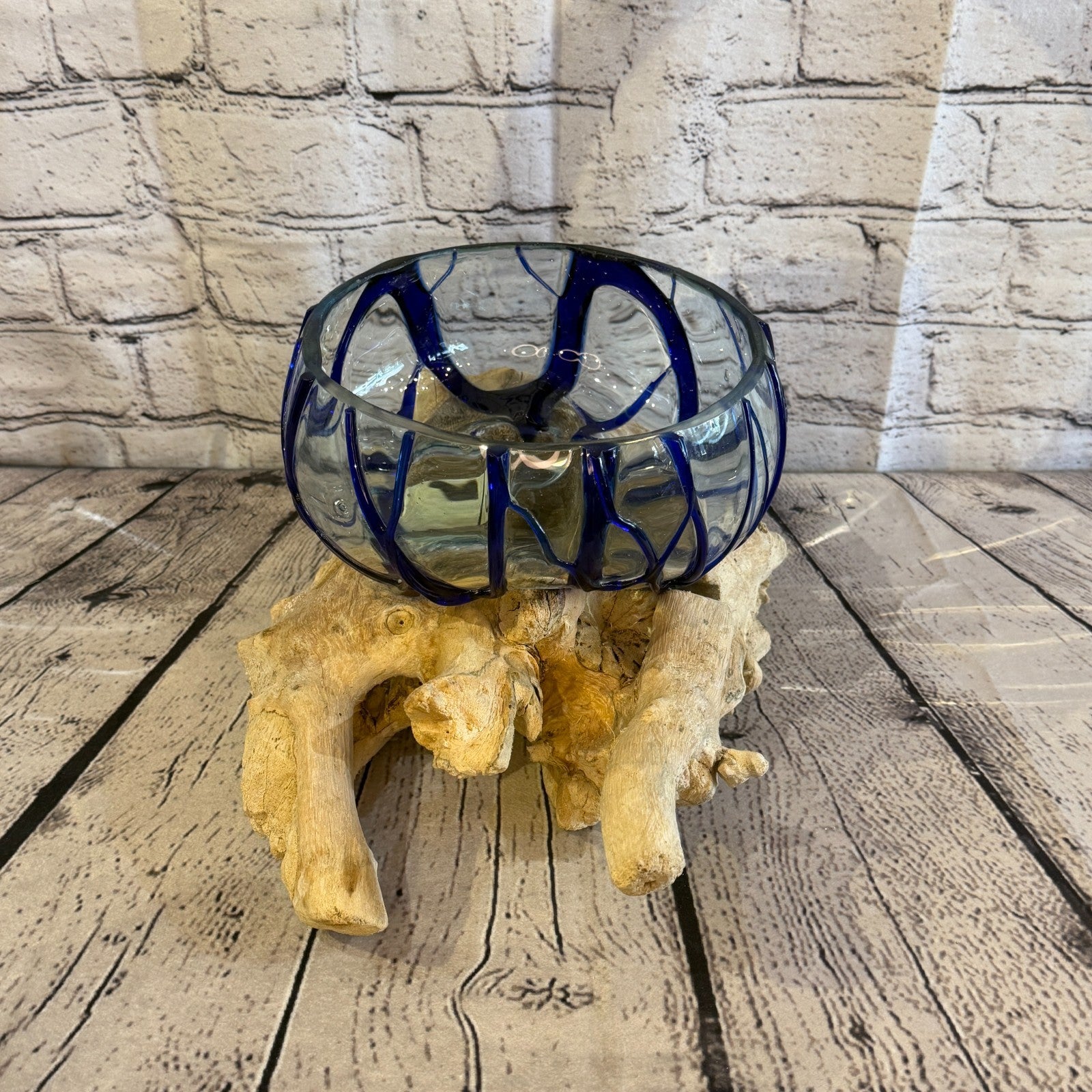 30cm Long Blue Streak Melted Glass Wood Decorative Bowl Glass Sculpture Crafted1