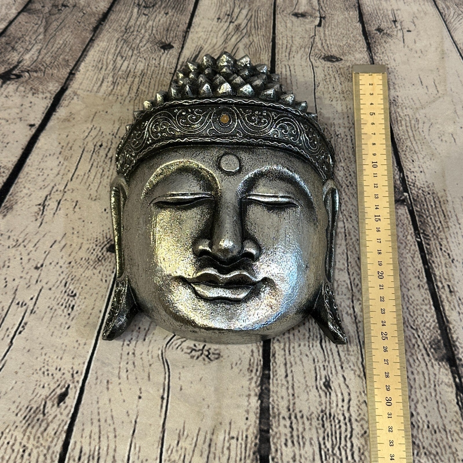 25cm Silver Buddha Head Mask Wooden Hanging Statue Figurine Ornament Fair Trade4