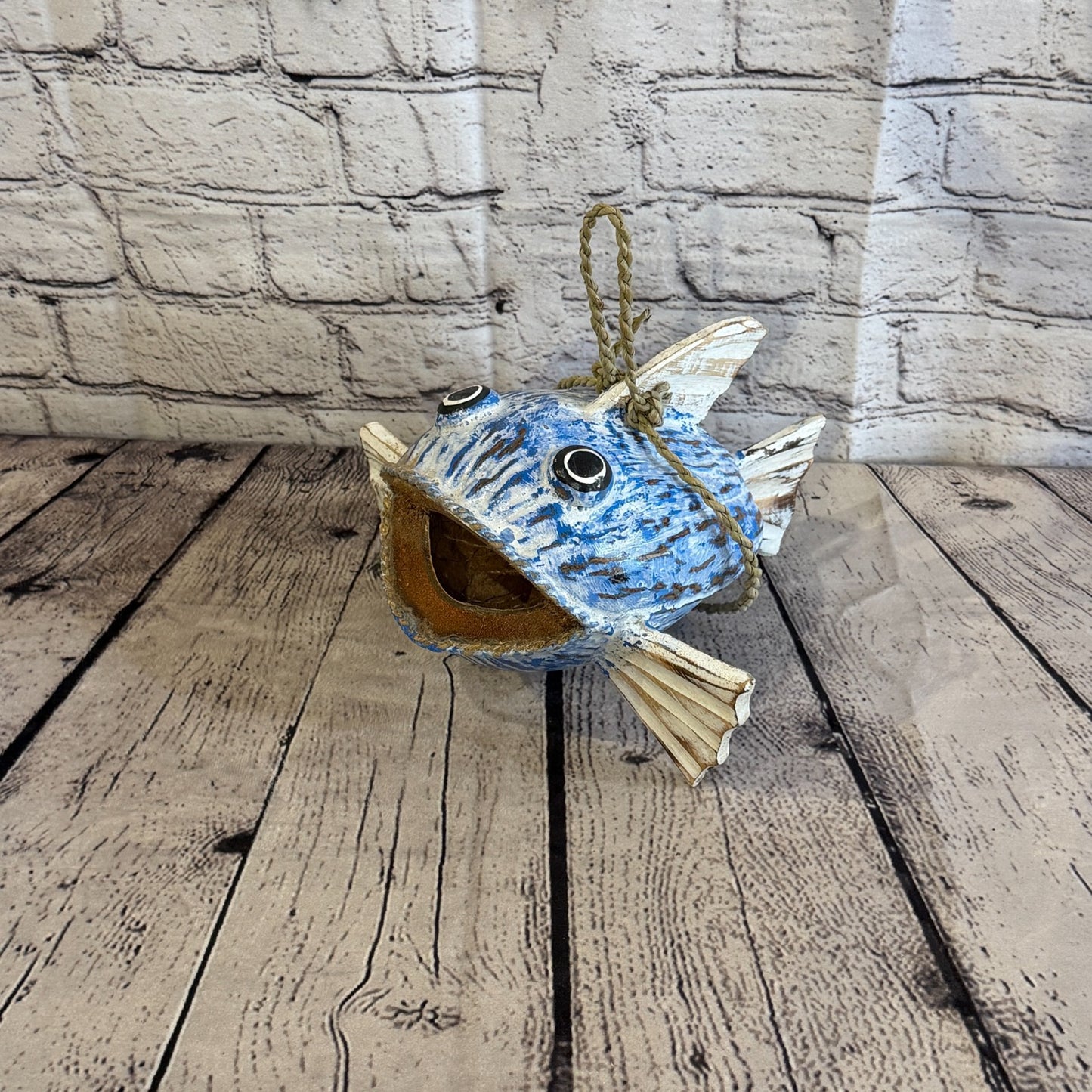 Green Blue Fins Folk Art Painted Shark Fish Coconut Shell Ornaments Hanging0