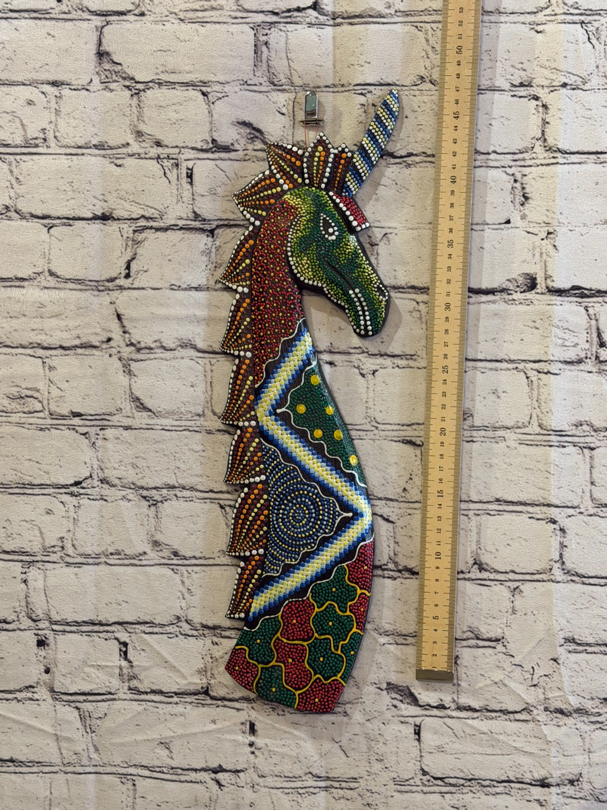 45cm Unicorn Carved Wooden Dot Painted Ethnic Tribal Tiki Wall Art No 14