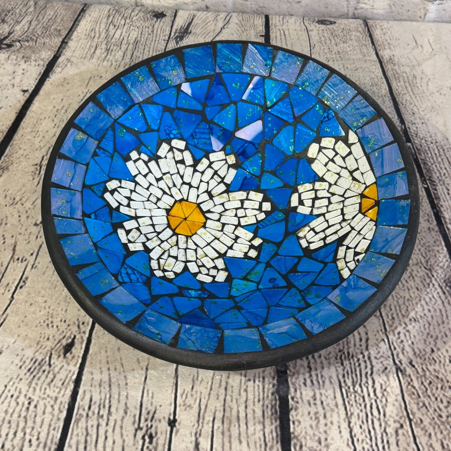 28cm Blue Daisy Flower Round Mosaic Handmade Ceramic Glass Tile Bowl Fruit0