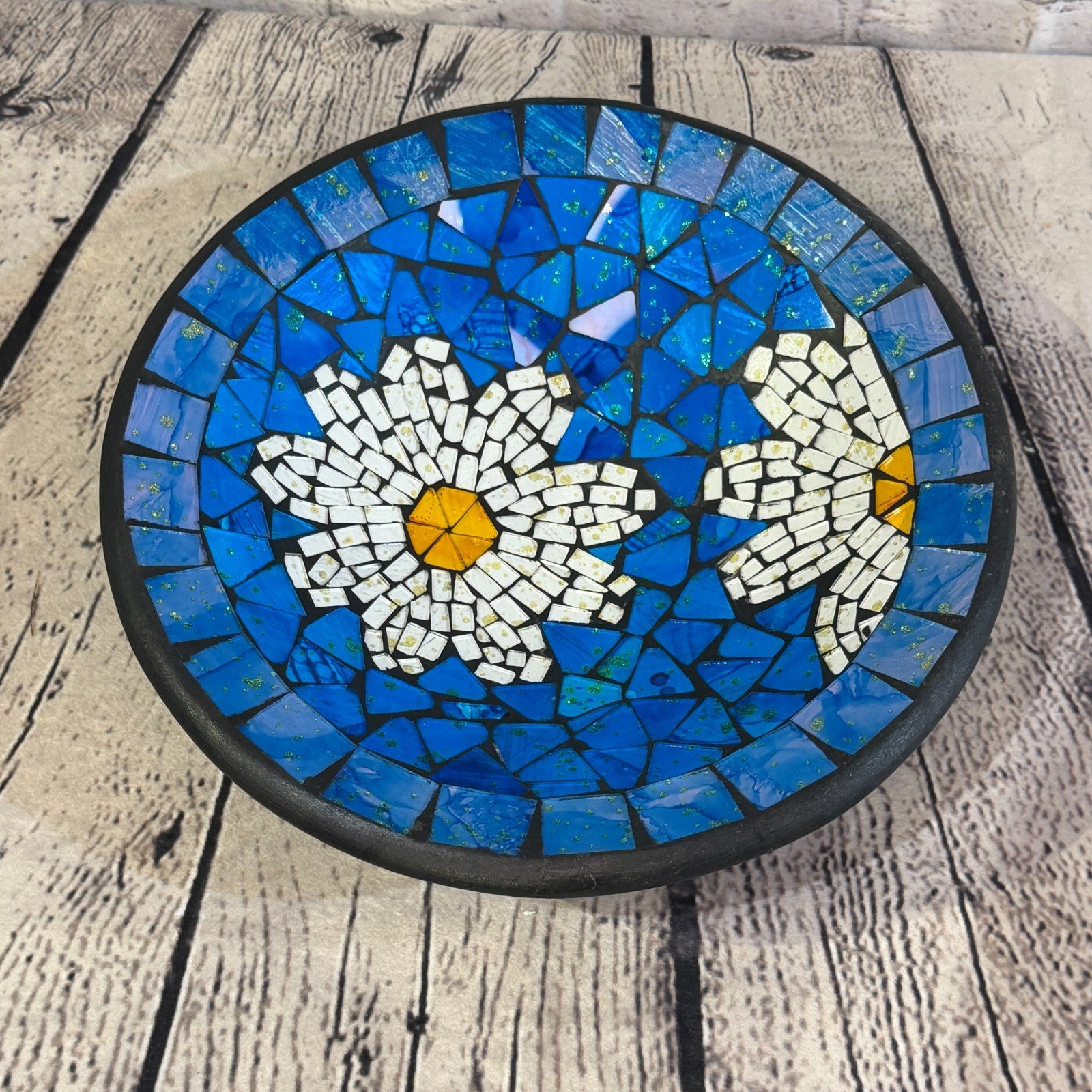 28cm Blue Daisy Flower Round Mosaic Handmade Ceramic Glass Tile Bowl Fruit0