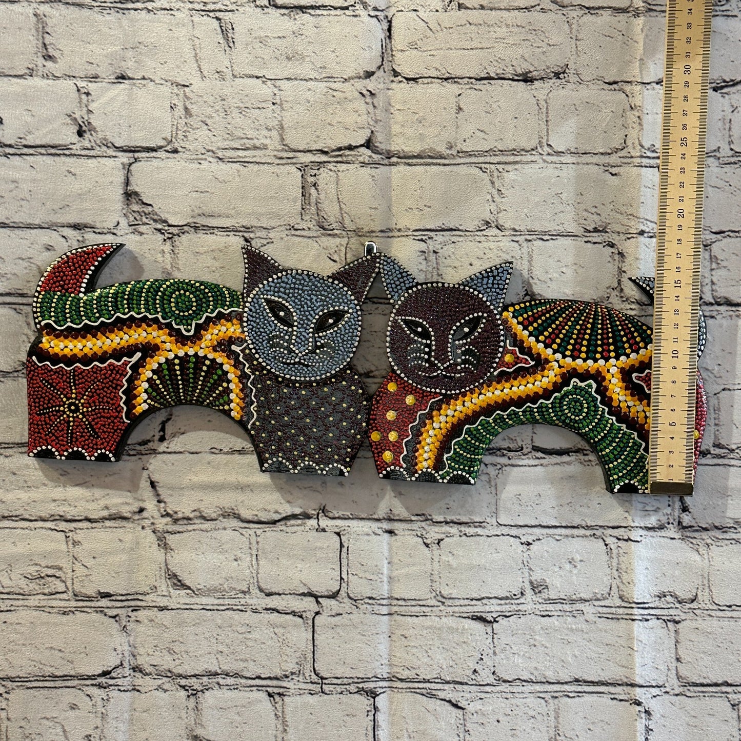 50cm 2 Cats Carved Wooden Dot Painted Ethnic Tribal Tiki Wall Art Handmade No 24