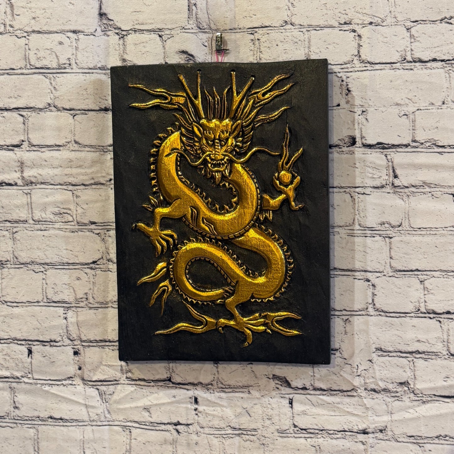 Wooden Wood Panel 40cm Black Gold Chinese Dragon Wall Art Plaque Handcarved2
