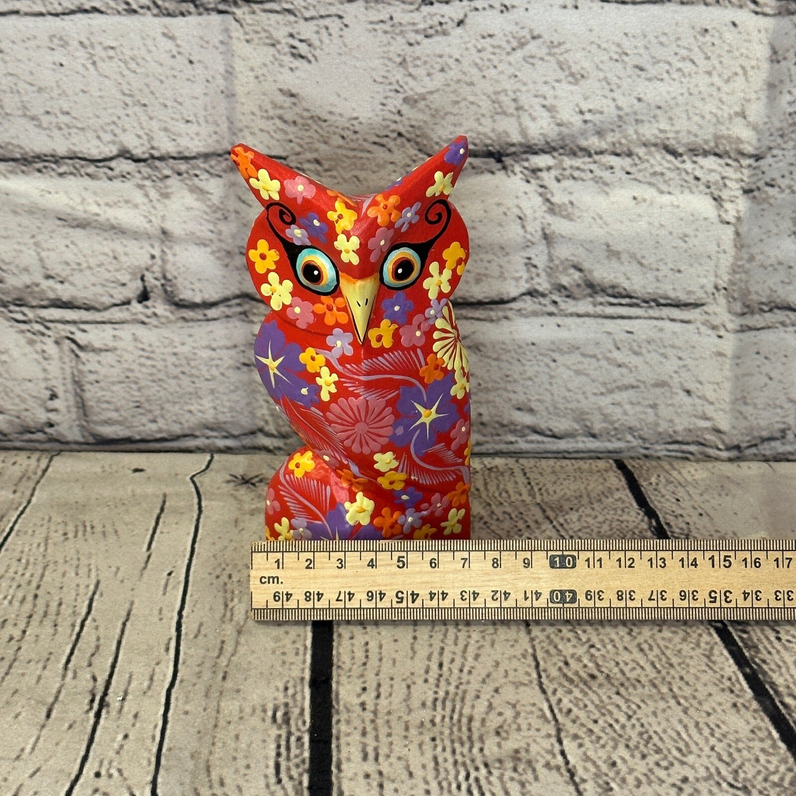 Red Small Wooden Owl With Flower Pattern 12cm x 8cm Handmade and Fairtrade6