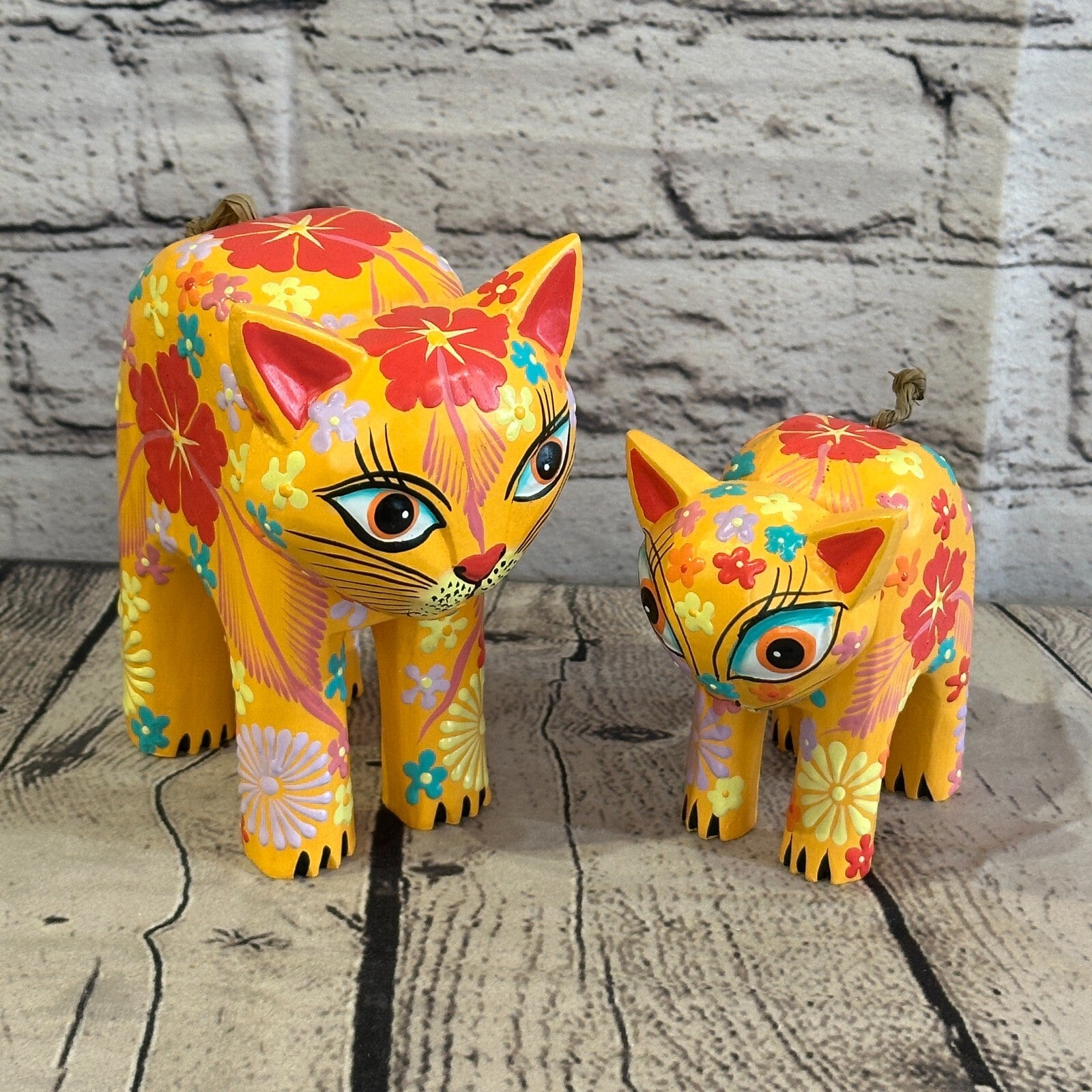 Orange Large Wooden Cat With Flower Pattern 15cm x 10cm Handmade and Fairtrade8