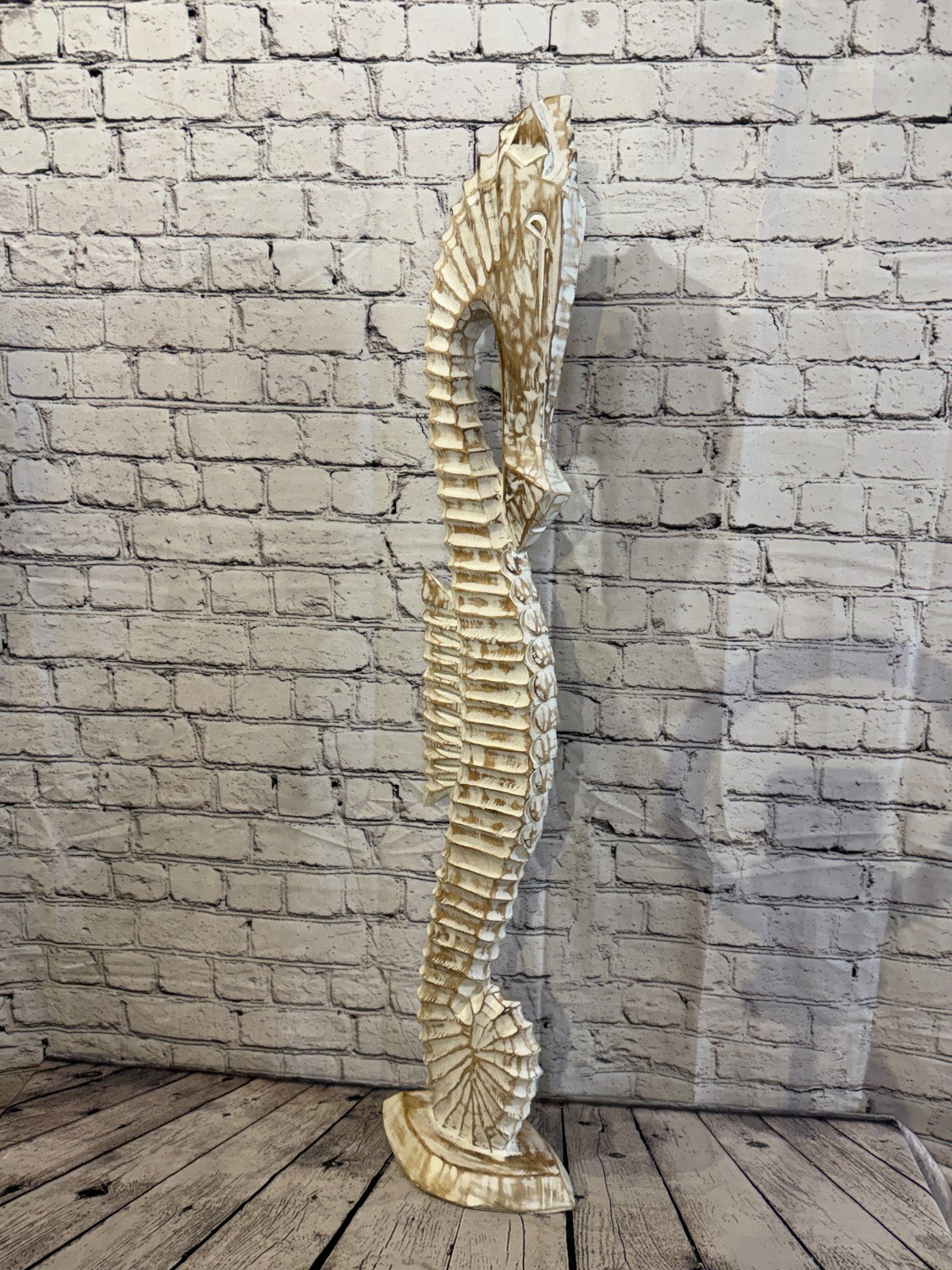 100cm White Wooden Shabby Seahorse Statue Ornament Fair Trade Handcarved2