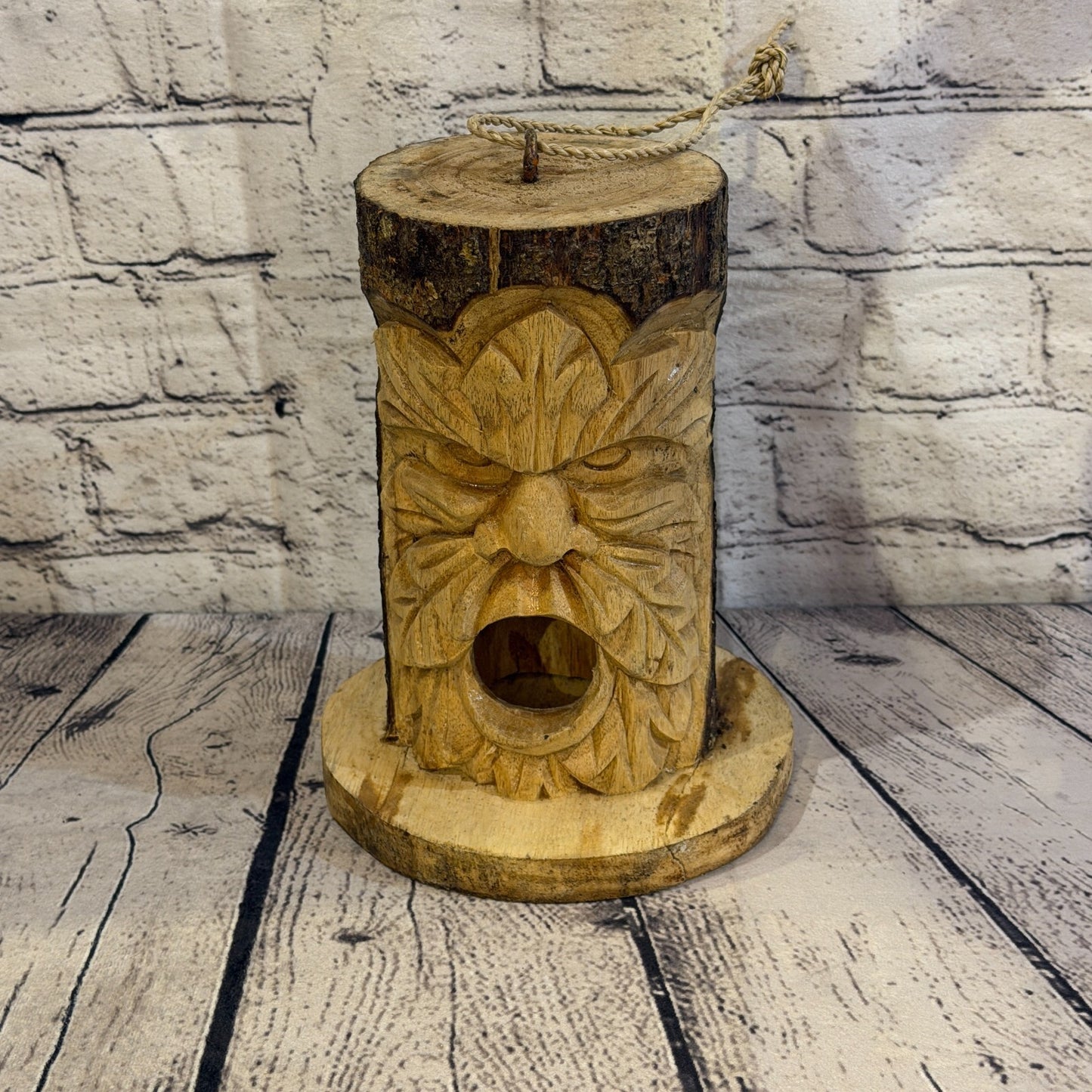 Green Man Of The Woods Bird House 20cm Carved Wizard Tree Trunk Wood Fairtrade0