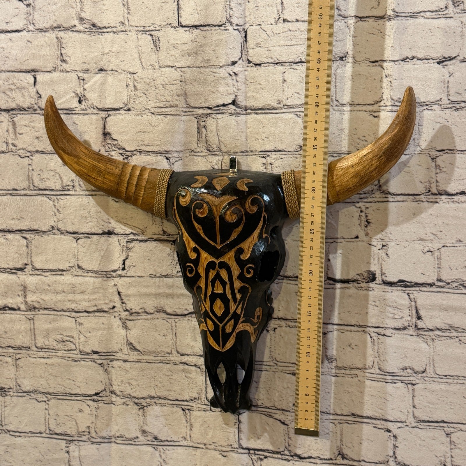 45cm x 45cm Brown Light Painted Wood Cow Skull Head Wall Mounted Art Shabby4