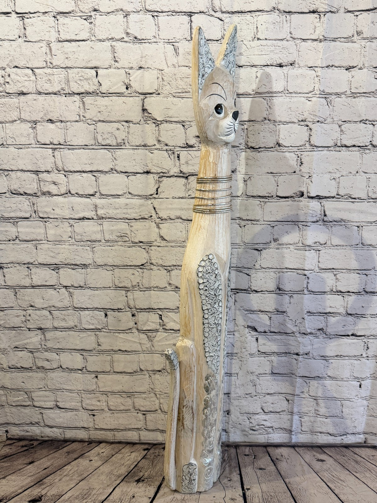 100cm White Silver Dots Wooden Shabby Cat Statue Ornament Fair Trade Handcarved2