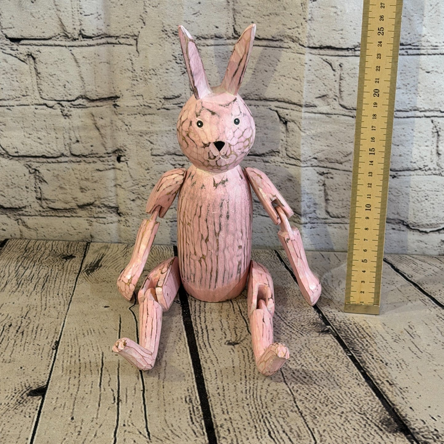 25cm Pink Bunny Rabbit Sitting Animal, Wooden Shelf Ornament Handmade Fairtrade5