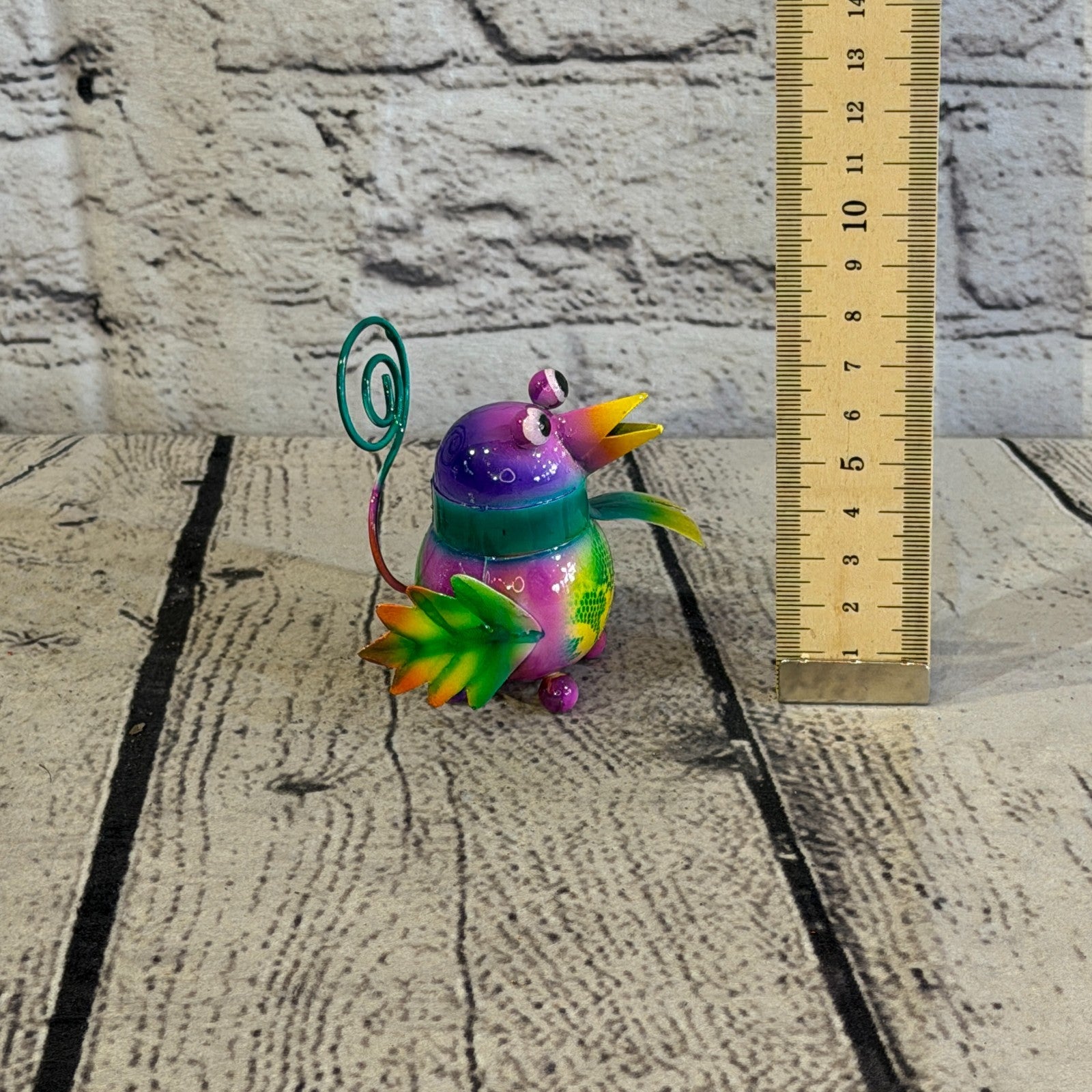 8cm x 8cm Small Scarf Colourful Bird Purple Metal Tin Standing Ornament Statue5