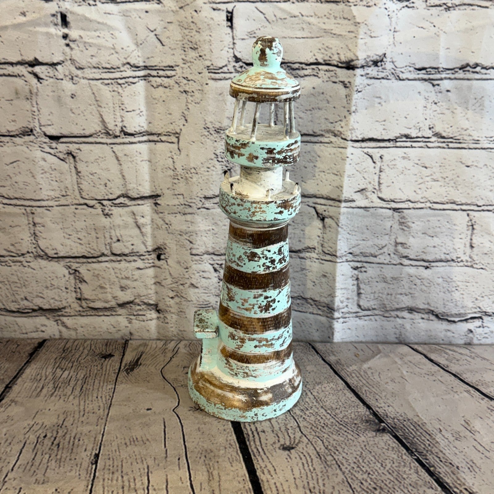 30cm Green White Wooden Lighthouse Detailed Ornament Nautical Coastal Sculpture2