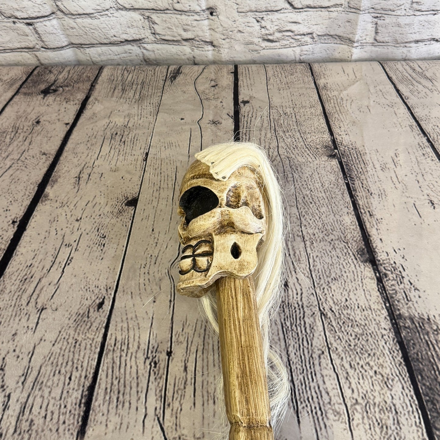 110cm Skeleton Skull With Hair Wood Stick Hand Carved Halloween Walking Staff5