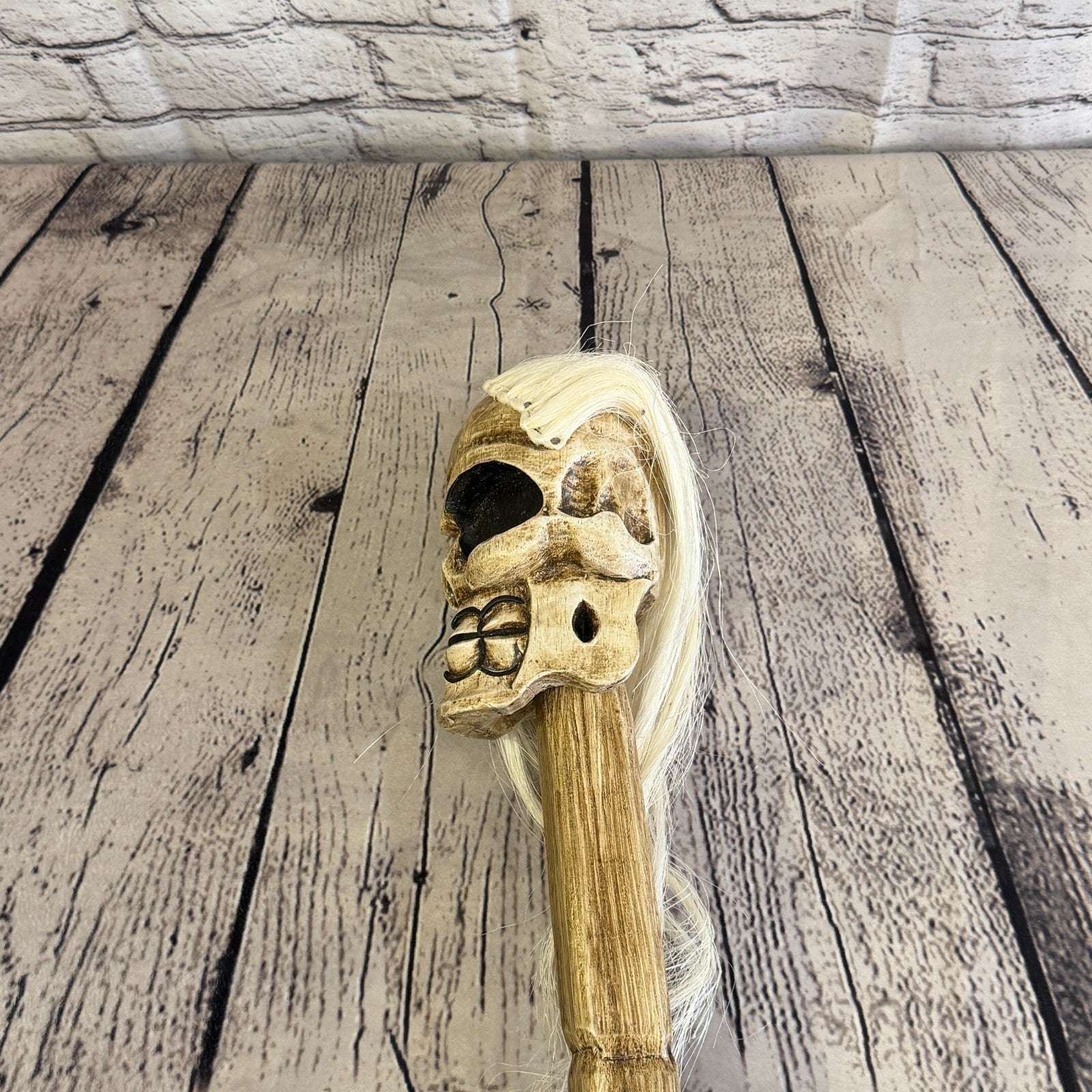110cm Skeleton Skull With Hair Wood Stick Hand Carved Halloween Walking Staff5