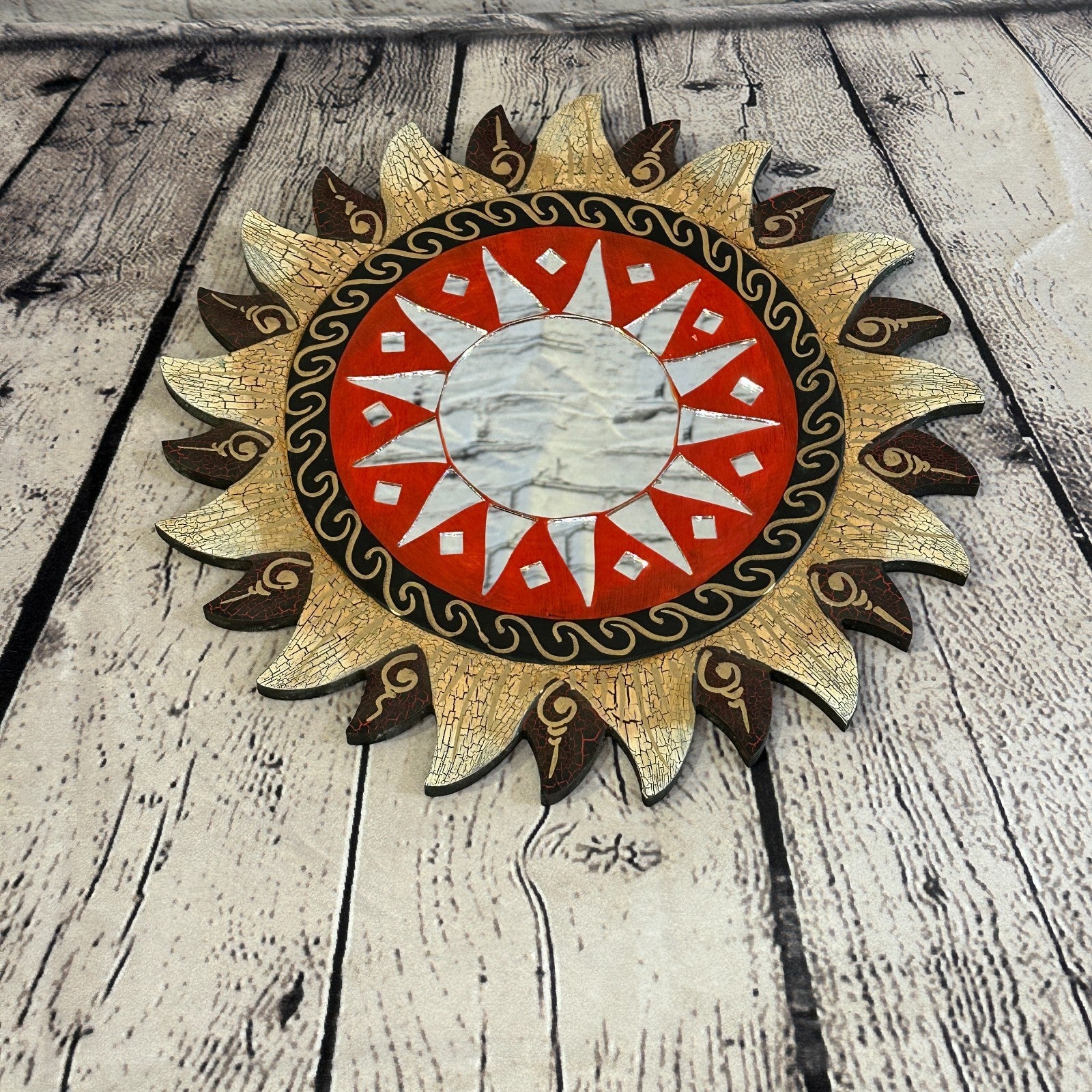 Red Gold Sun Mosaic Tile Wall Mirror 30cm x 30cm 12 Inches Handmade Fairtrade3