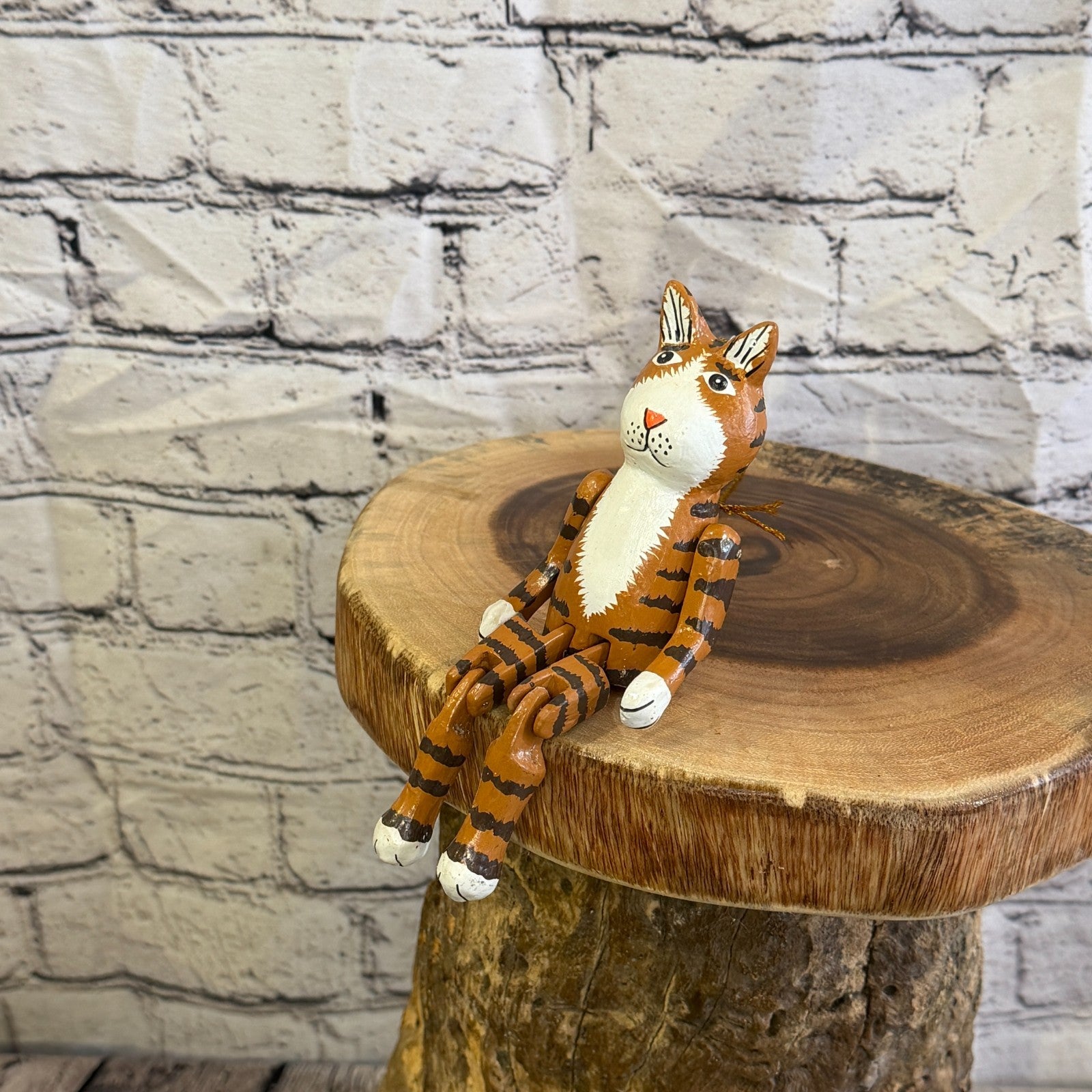 10cm Brown Tabby Cat Sitting Animal, Wooden Shelf Ornament Handmade Fairtrade8