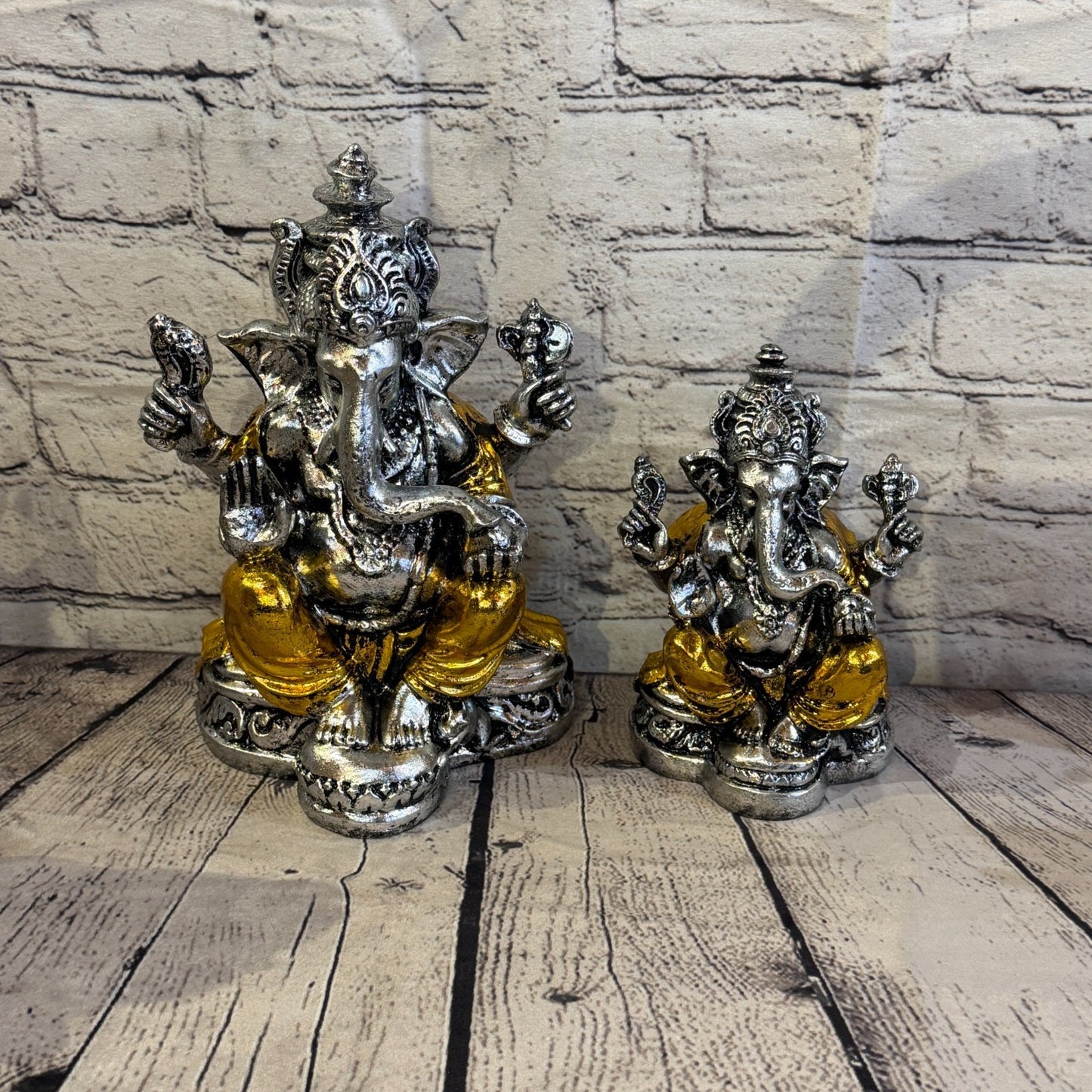 Silver And Gold 25cm Large Ganesh Ganesa Sitting On Lotus Statue Resin Hindu8