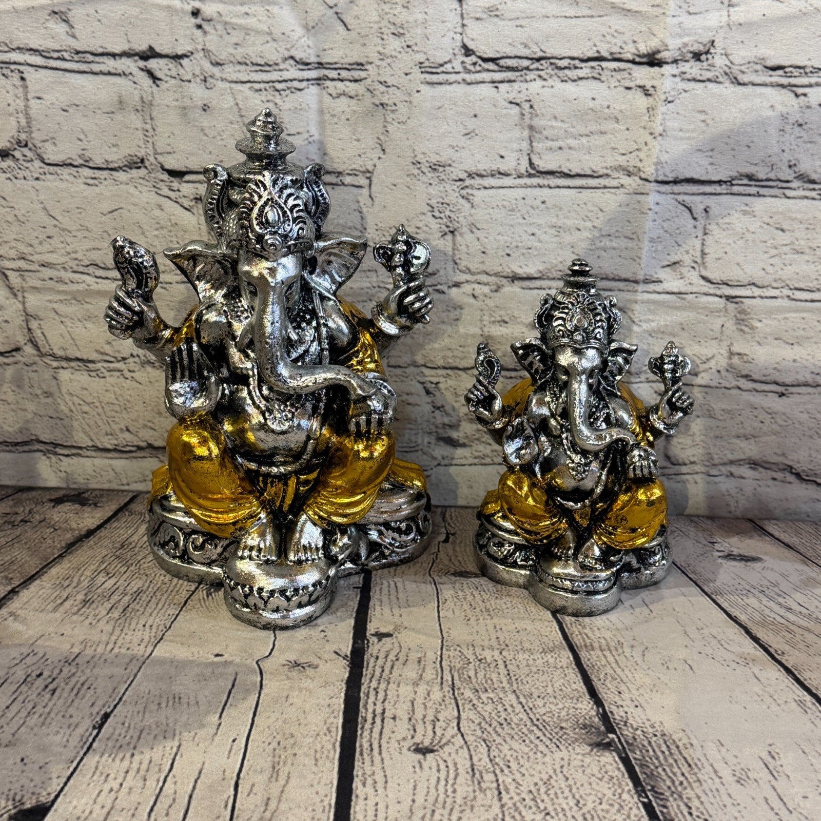 Silver And Gold 25cm Large Ganesh Ganesa Sitting On Lotus Statue Resin Hindu8
